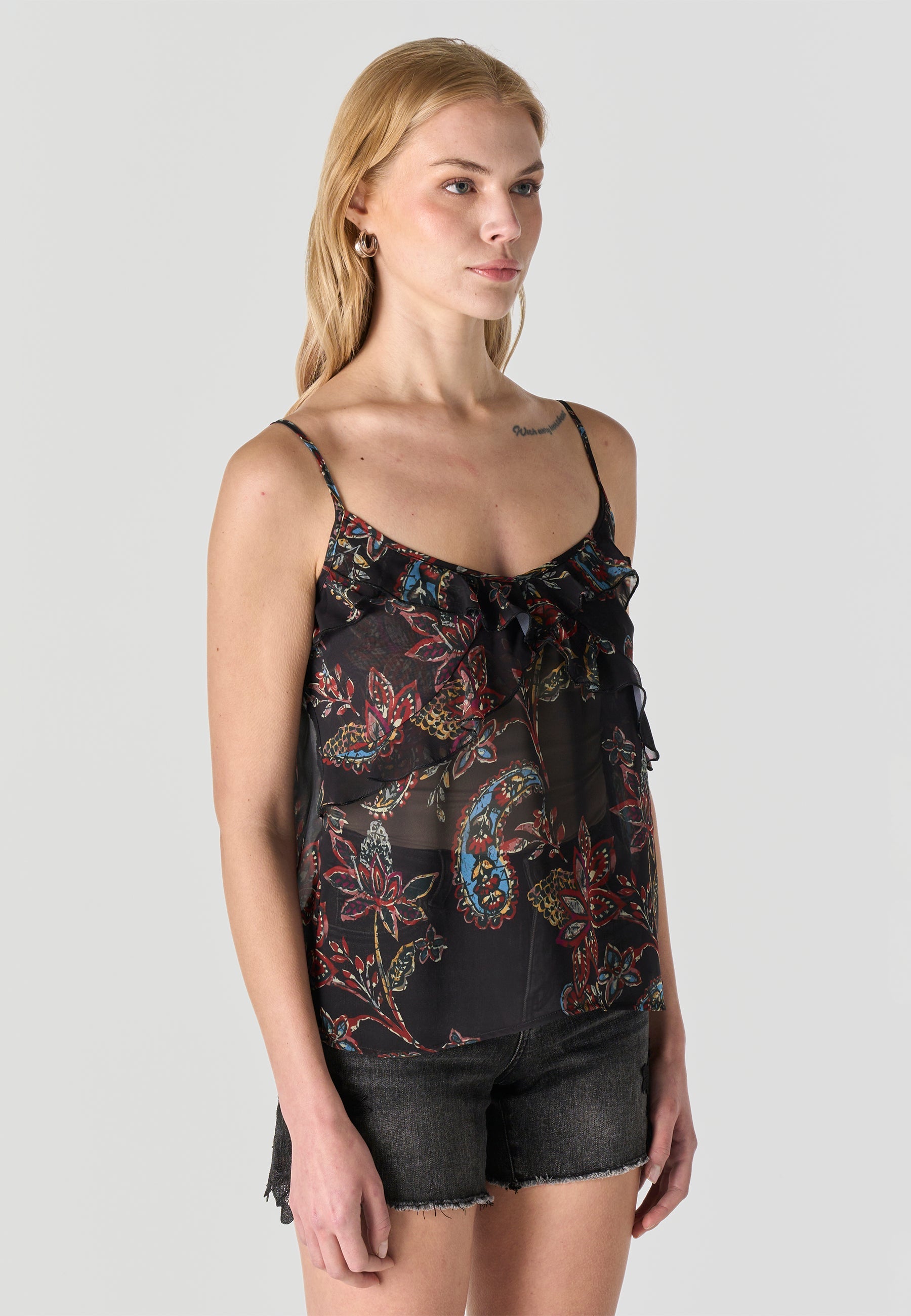 Blusa Mujer Tirantes Semitransparente Floral – Koroshi Negro