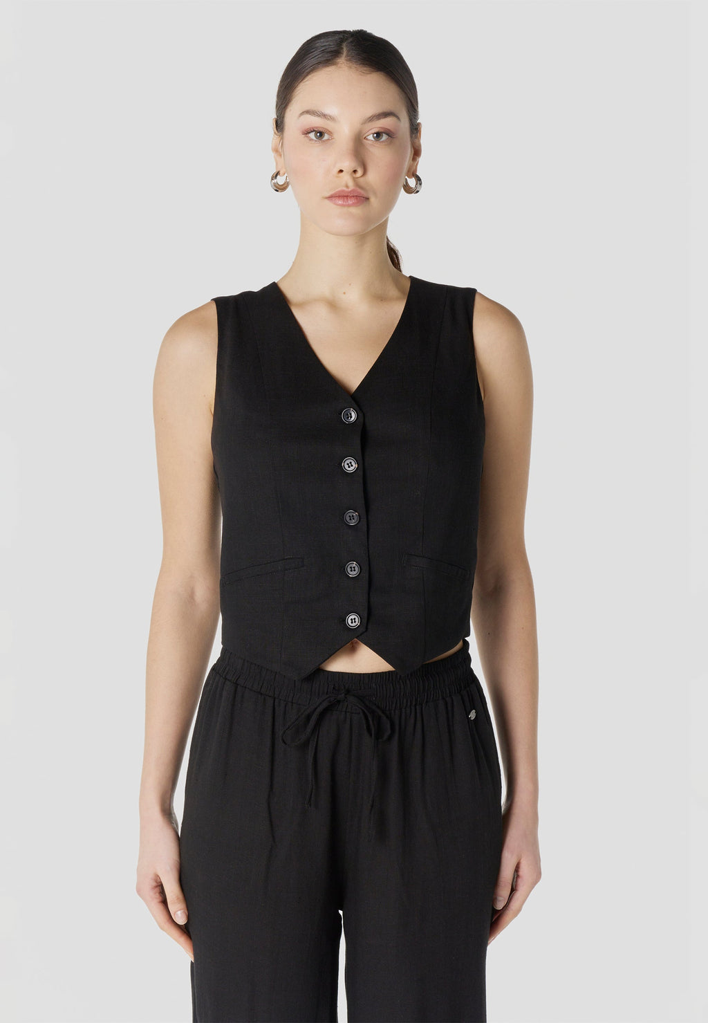 Chaleco Mujer Lino Negro Elegante Escote en V Bordado | Koroshi