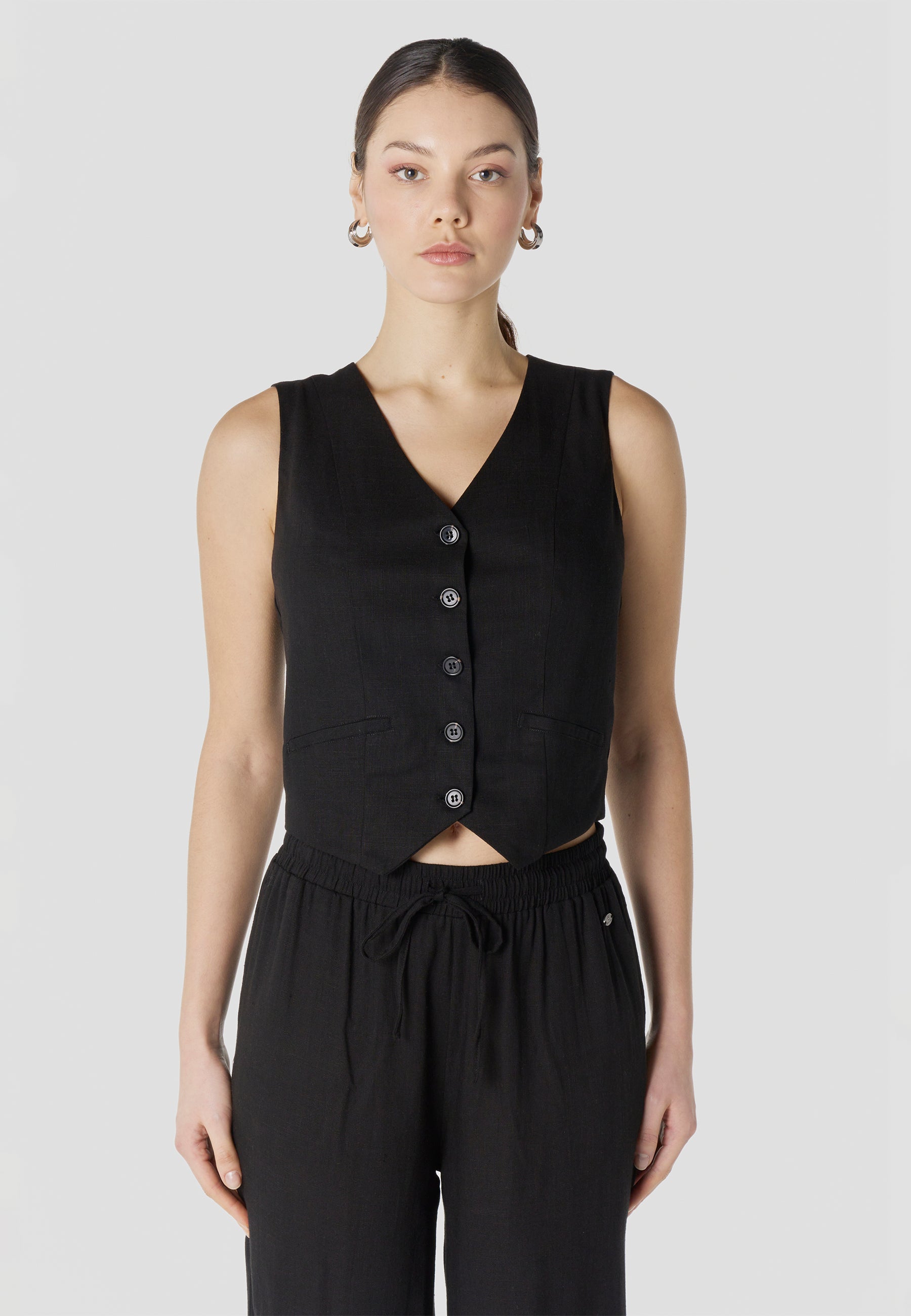 Chaleco Mujer Lino Negro Elegante Escote en V Bordado | Koroshi