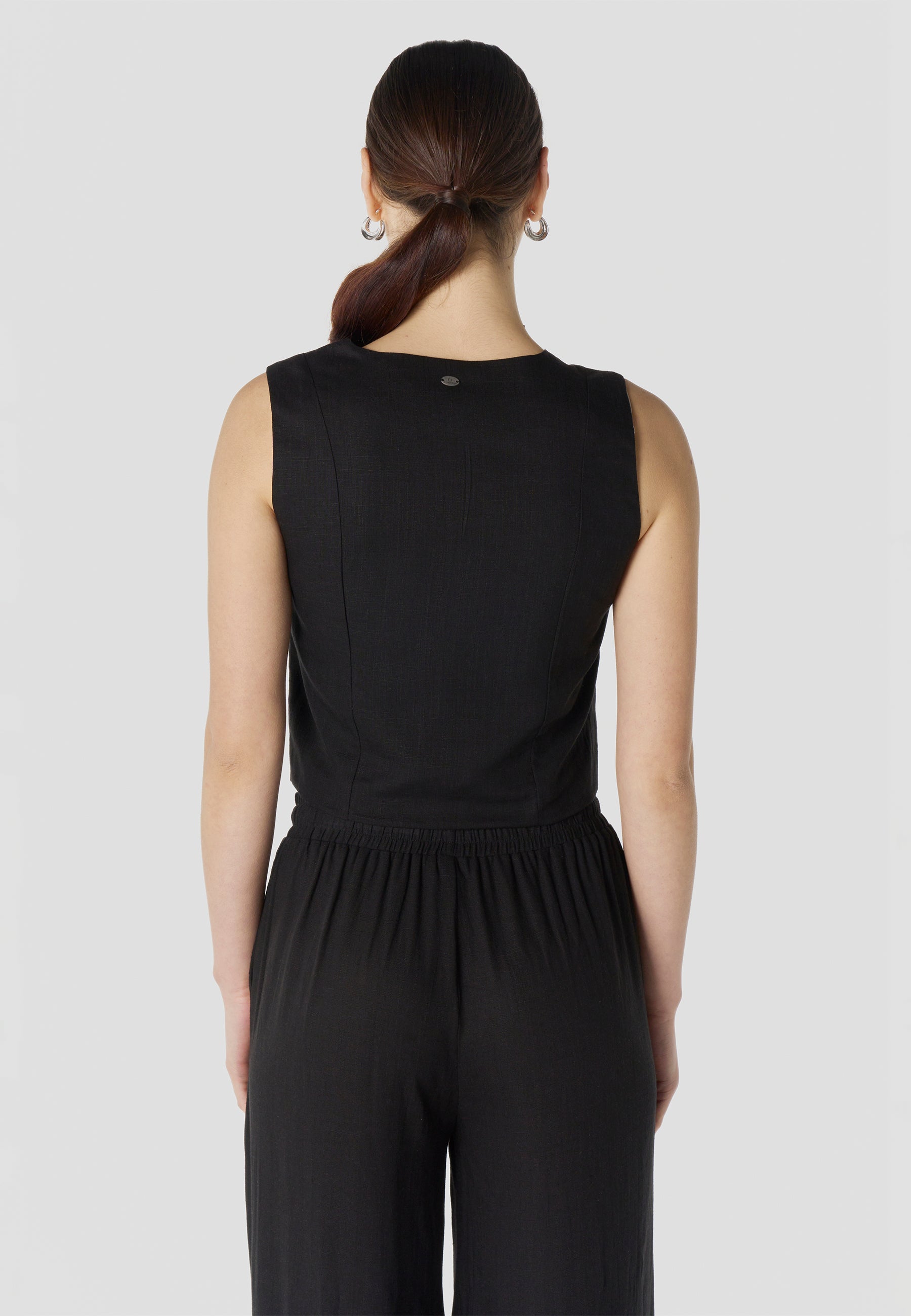 Chaleco Mujer Lino Negro Elegante Escote en V Bordado | Koroshi