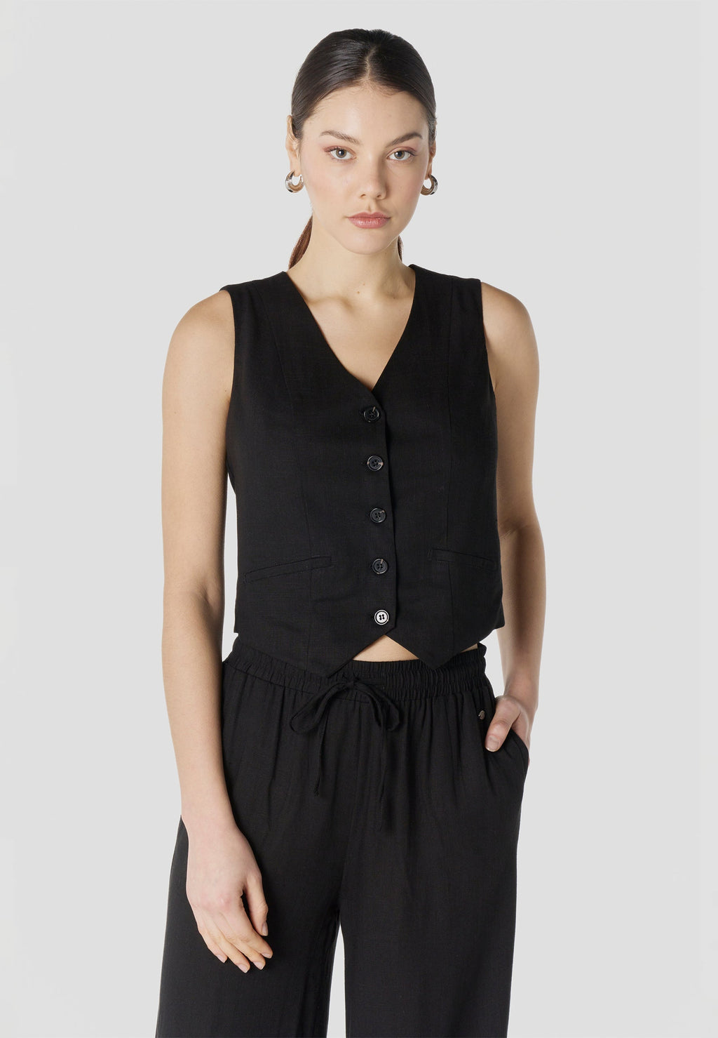 Chaleco Mujer Lino Negro Elegante Escote en V Bordado | Koroshi