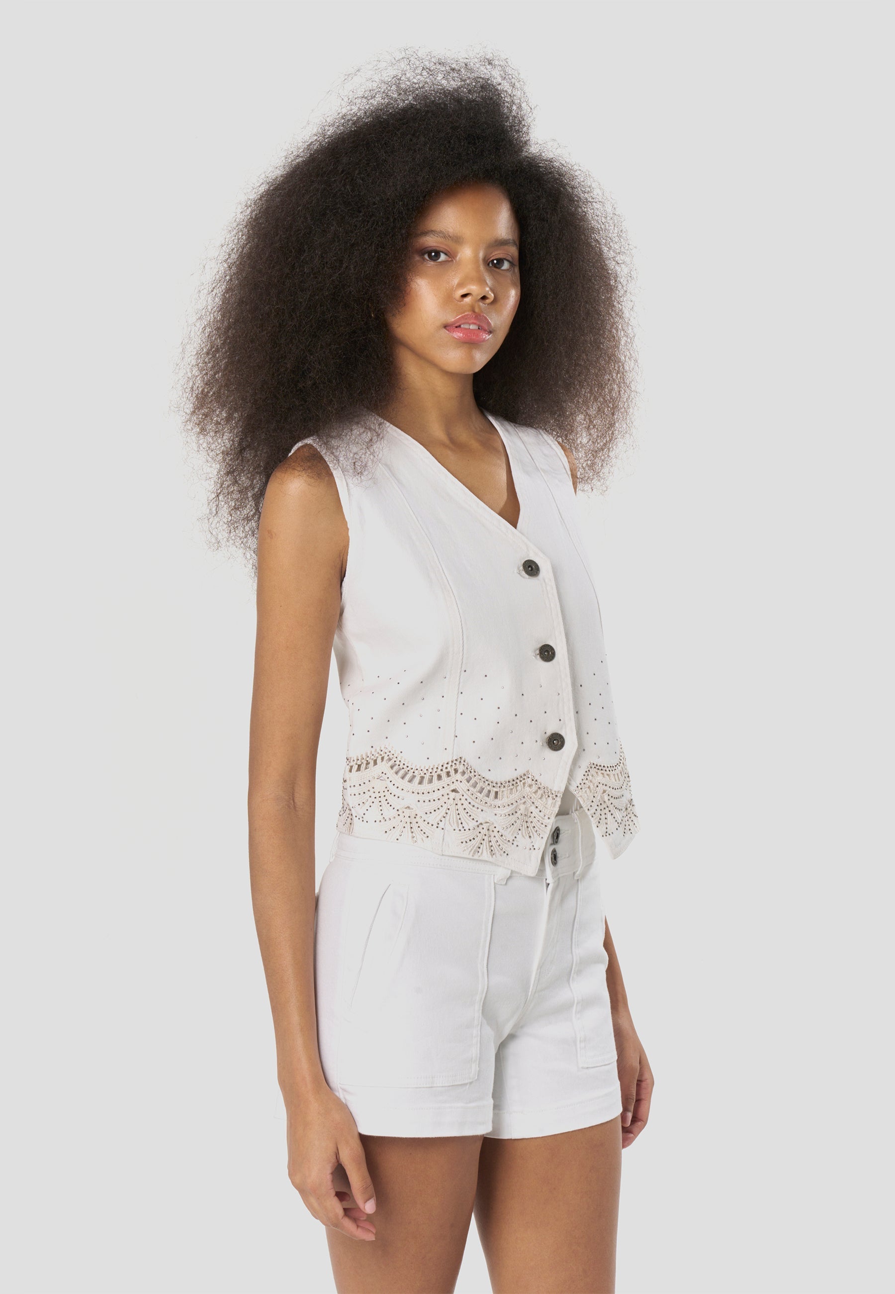 Chaleco Vaquero Mujer Blanco Denim Bordado Brillante Elástico | Koroshi