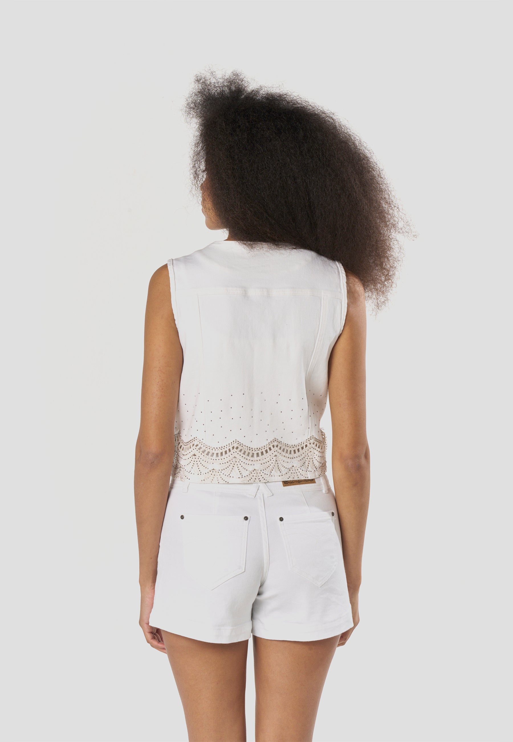 Chaleco Vaquero Mujer Blanco Denim Bordado Brillante Elástico | Koroshi