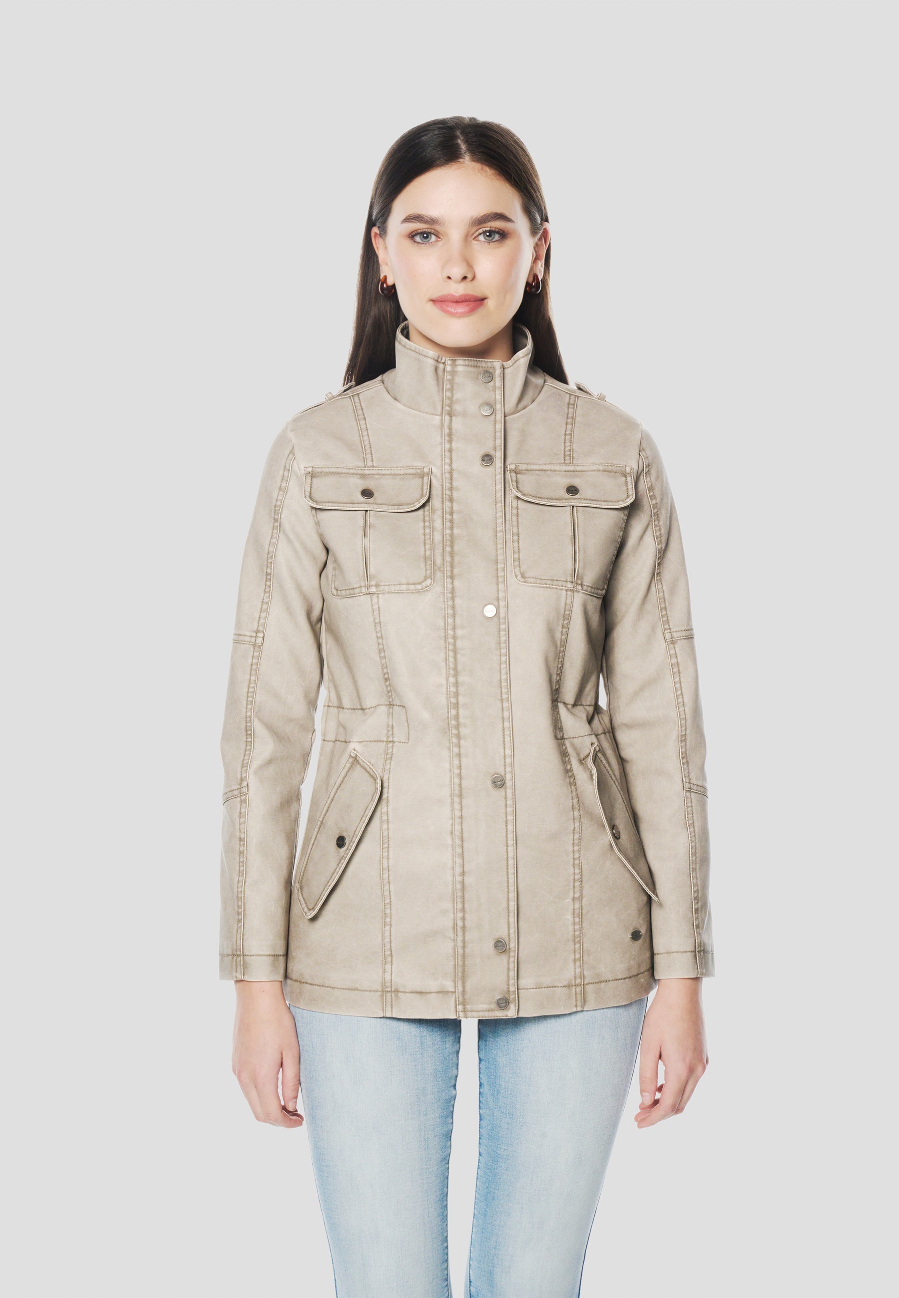Chaqueta Parka Mujer Cuello Alto Cintura Ajustable – Koroshi Gris