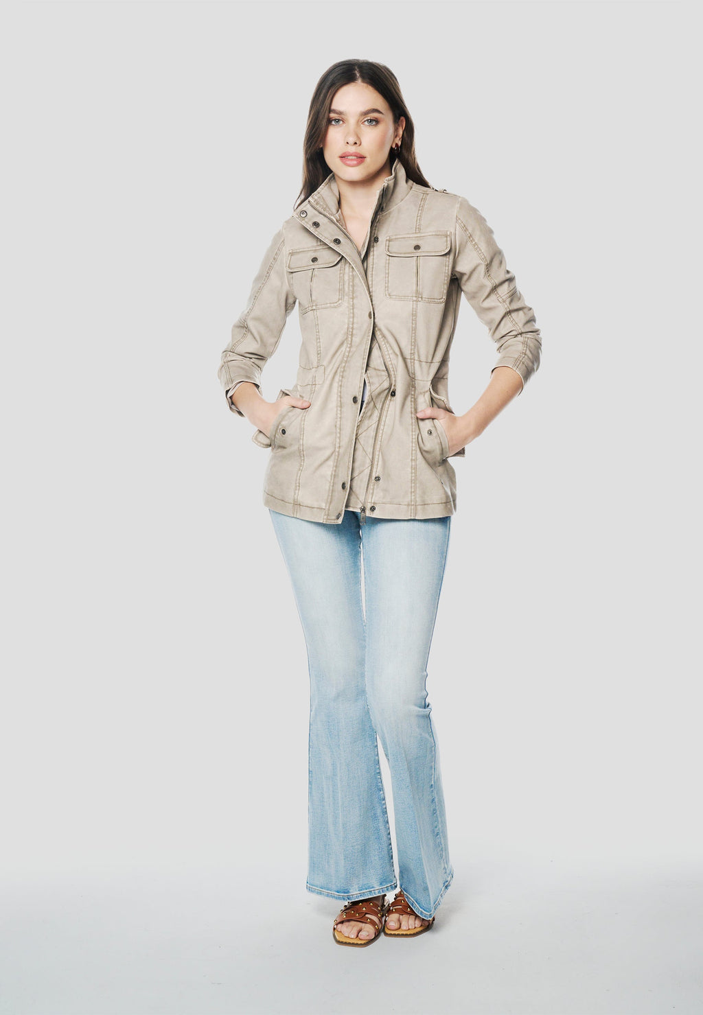 Chaqueta Parka Mujer Cuello Alto Cintura Ajustable – Koroshi Gris