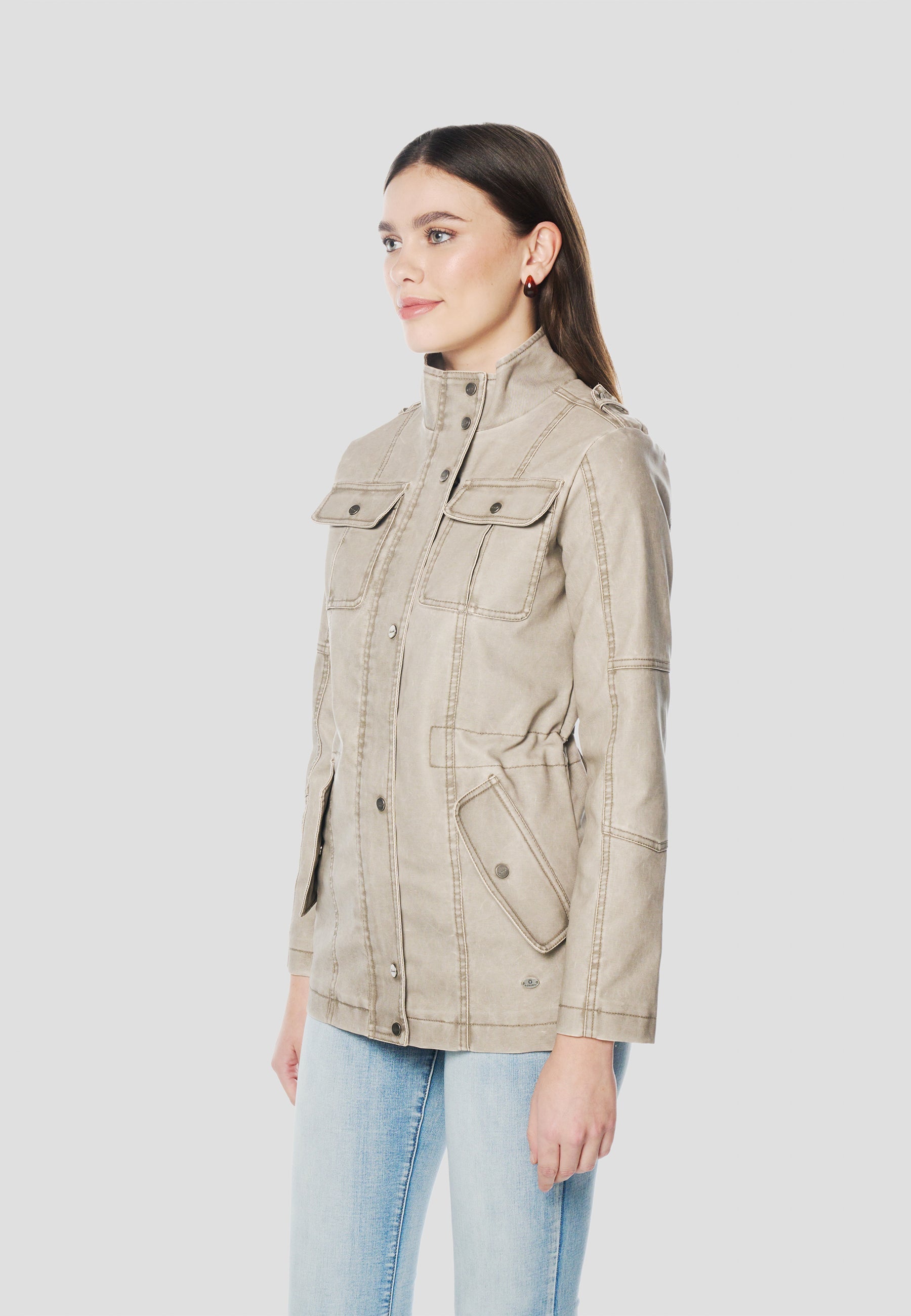 Chaqueta Parka Mujer Cuello Alto Cintura Ajustable – Koroshi Gris