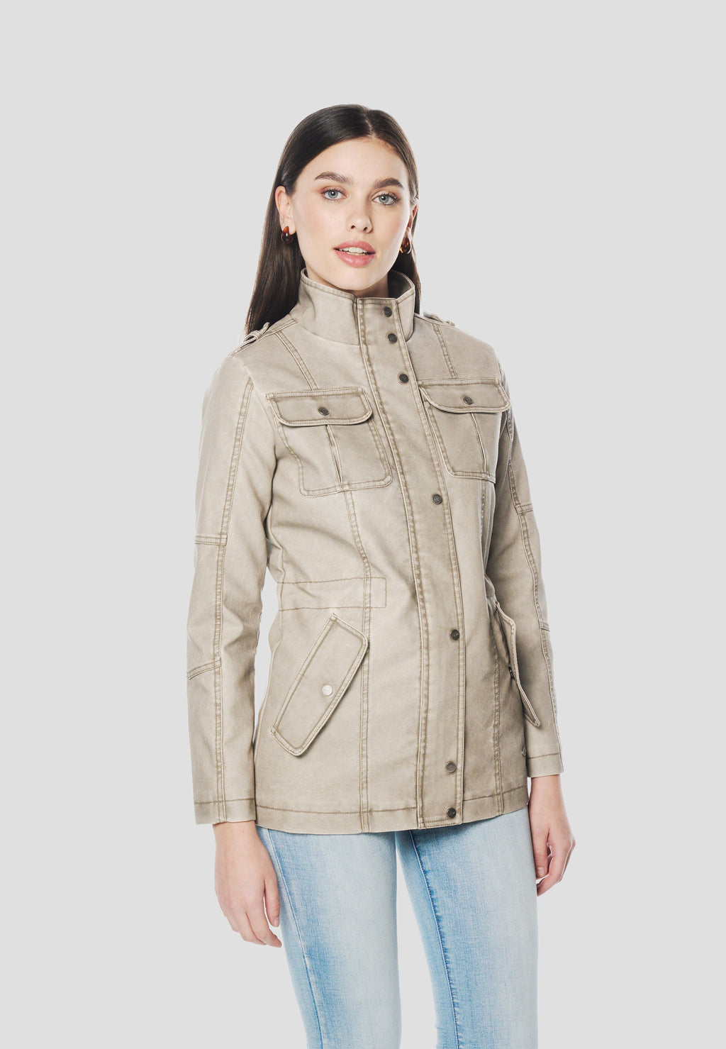 Chaqueta Parka Mujer Cuello Alto Cintura Ajustable – Koroshi Gris