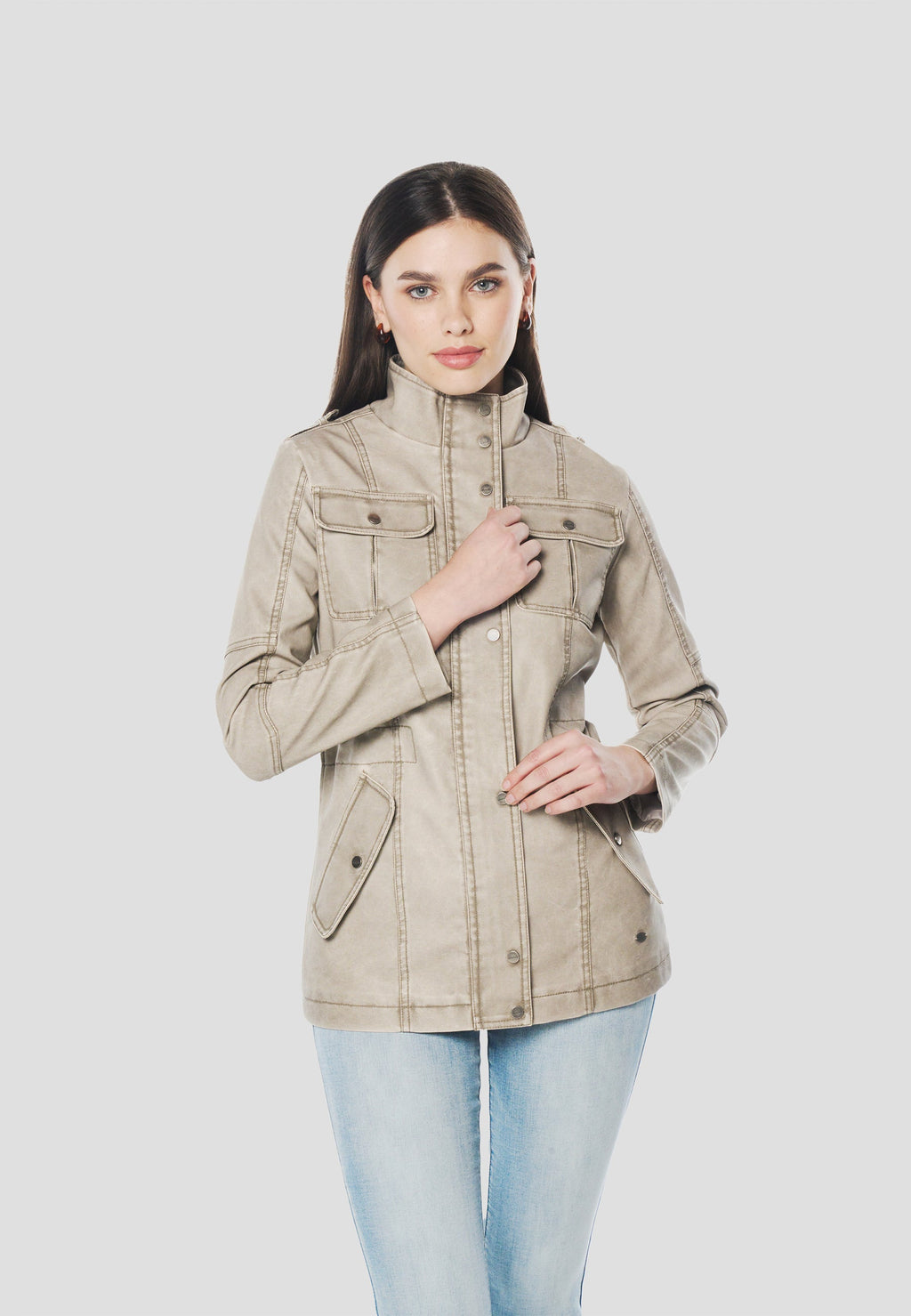 Chaqueta Parka Mujer Cuello Alto Cintura Ajustable – Koroshi Gris