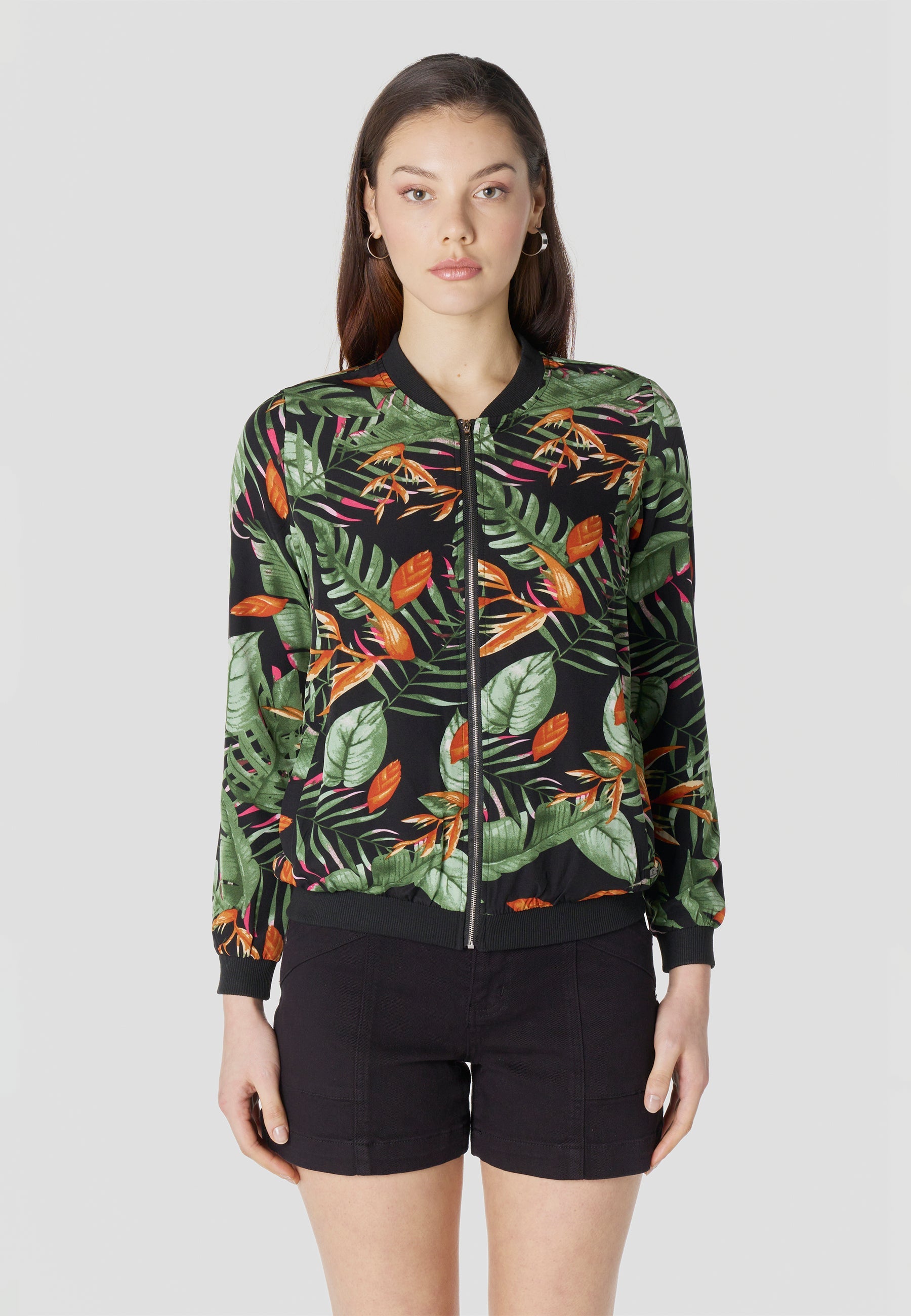 Bomber Chaqueta Mujer Estampado Tropical Semitransparente Holgada | Koroshi