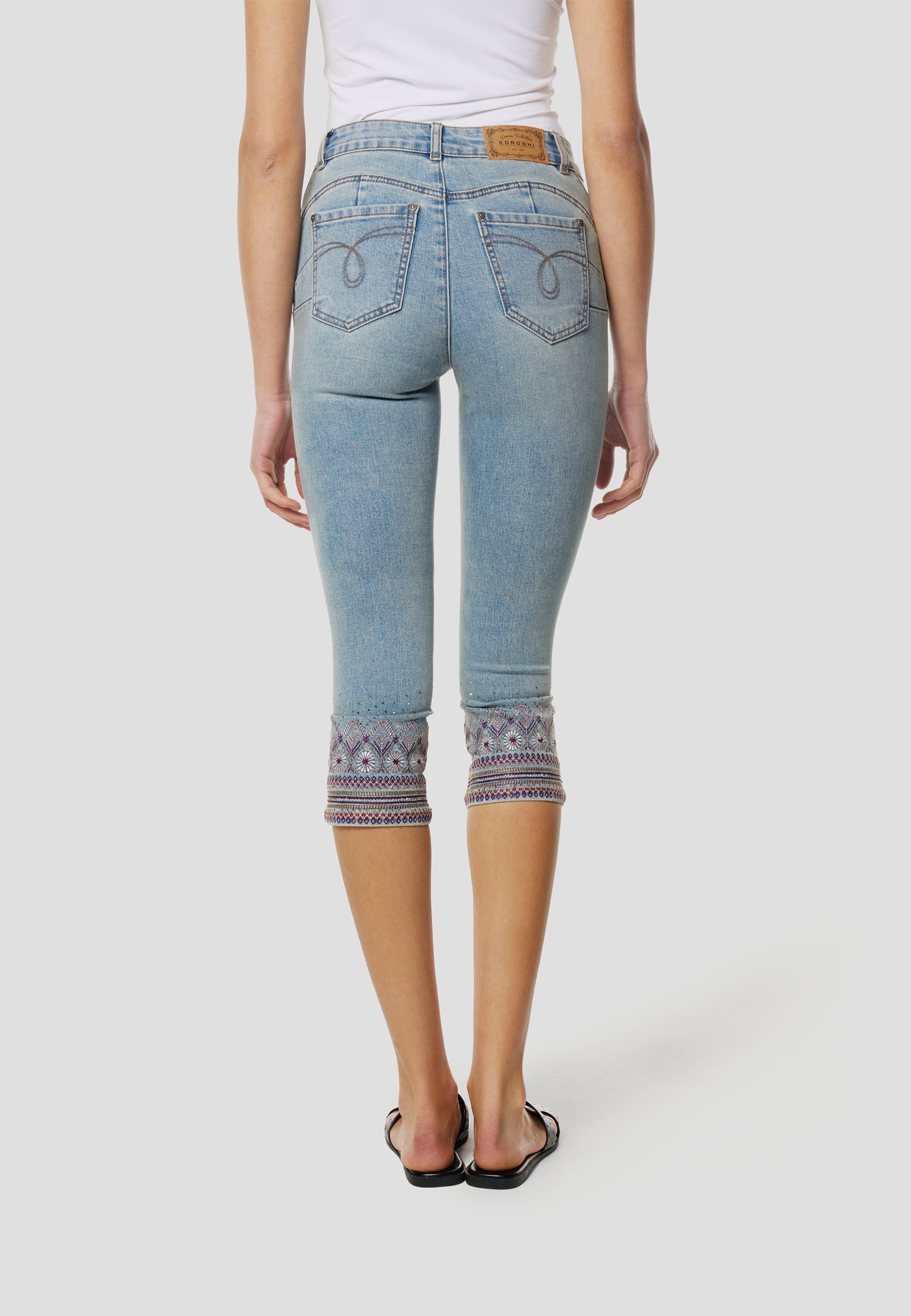 Pantalón Pirata Mujer Vaquero Bordado Brillos – Koroshi Azul