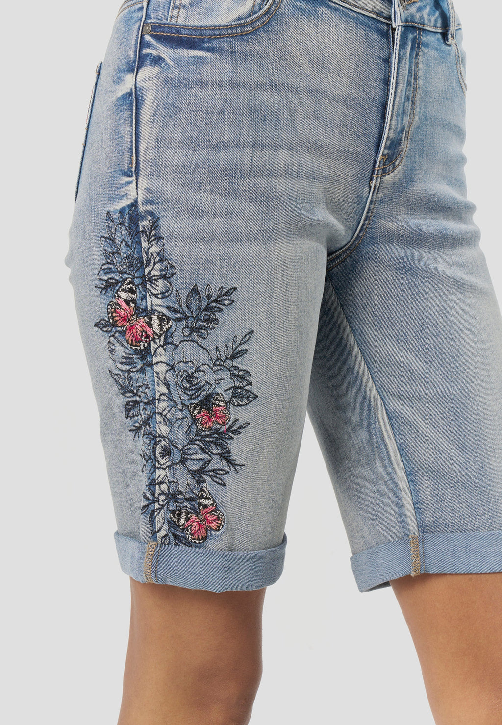 Bermuda Mujer Vaquera Bordada con Pañuelo en la Cintura – Koroshi Azul Medio