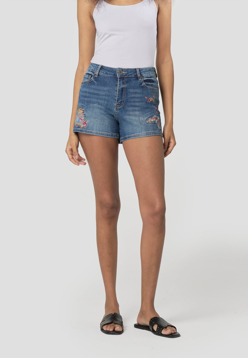 Pantalón Corto Mujer Vaquero Bordado Floral – Koroshi Azul Medio