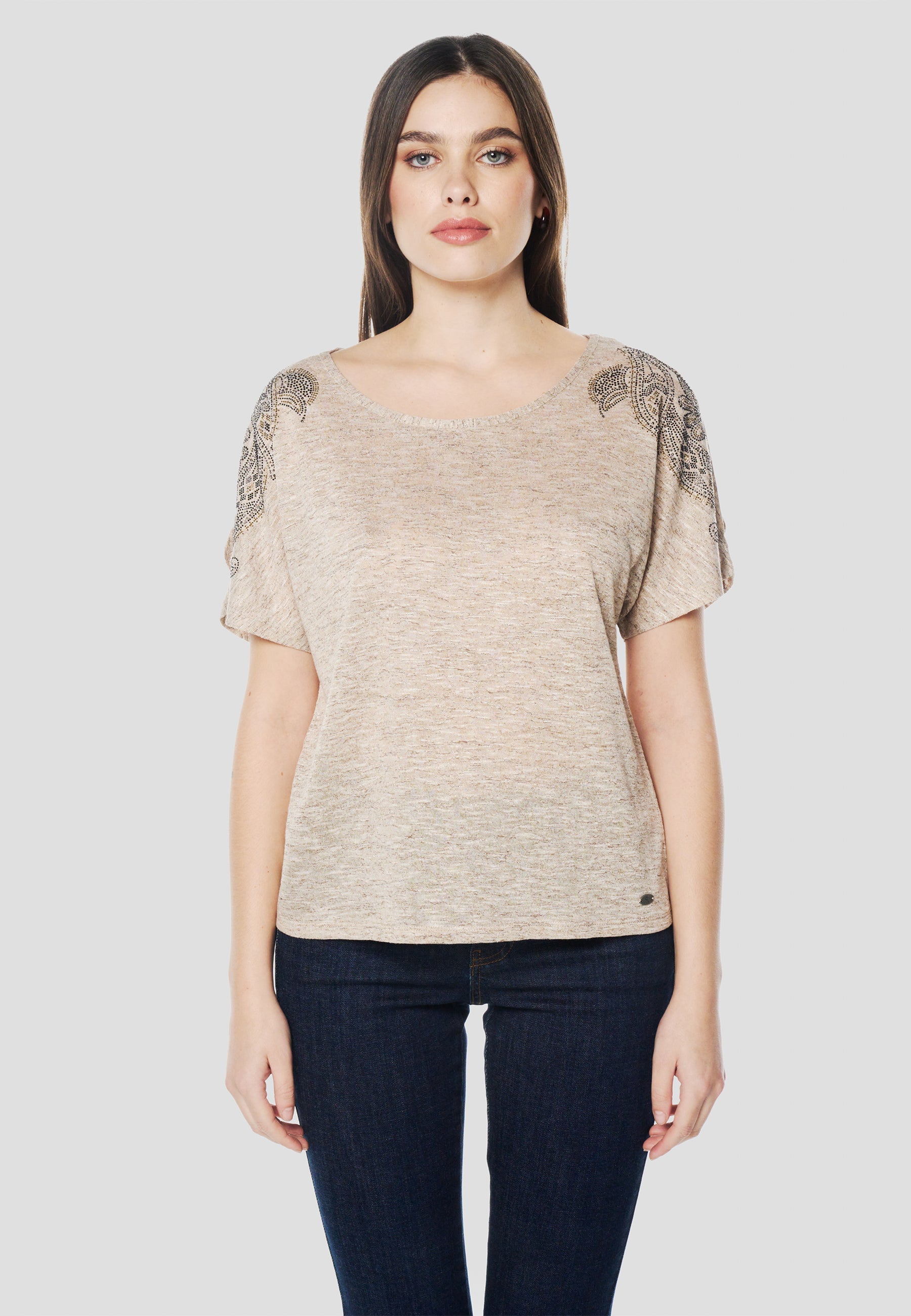 Camiseta Mujer Manga Corta Pedrería en Hombros – Koroshi 2612TP00