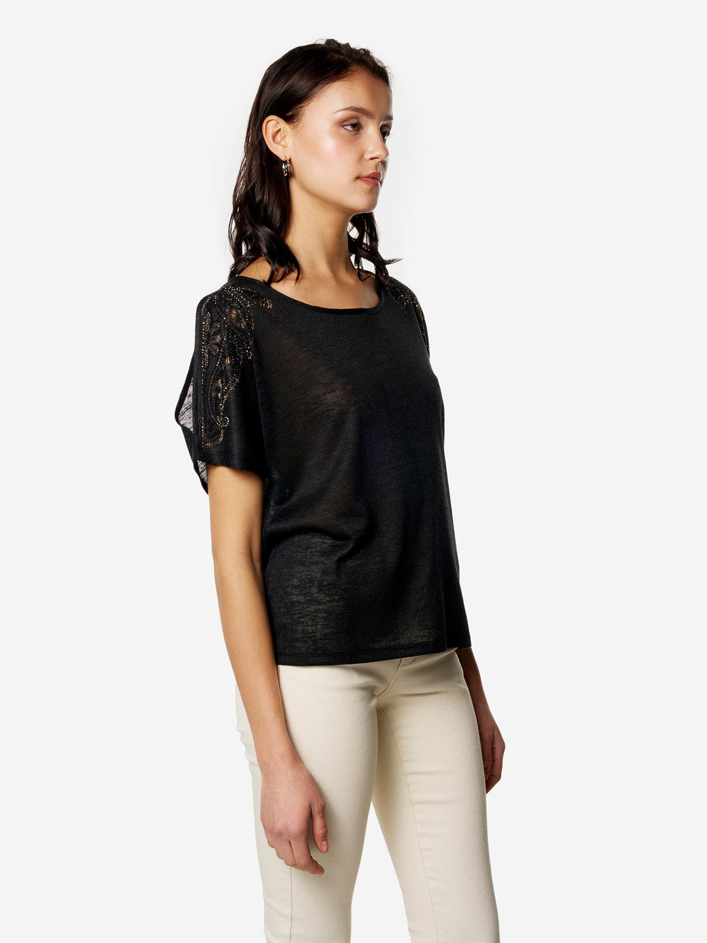 Camiseta Mujer Manga Corta Pedrería en Hombros – Koroshi 2612TP00