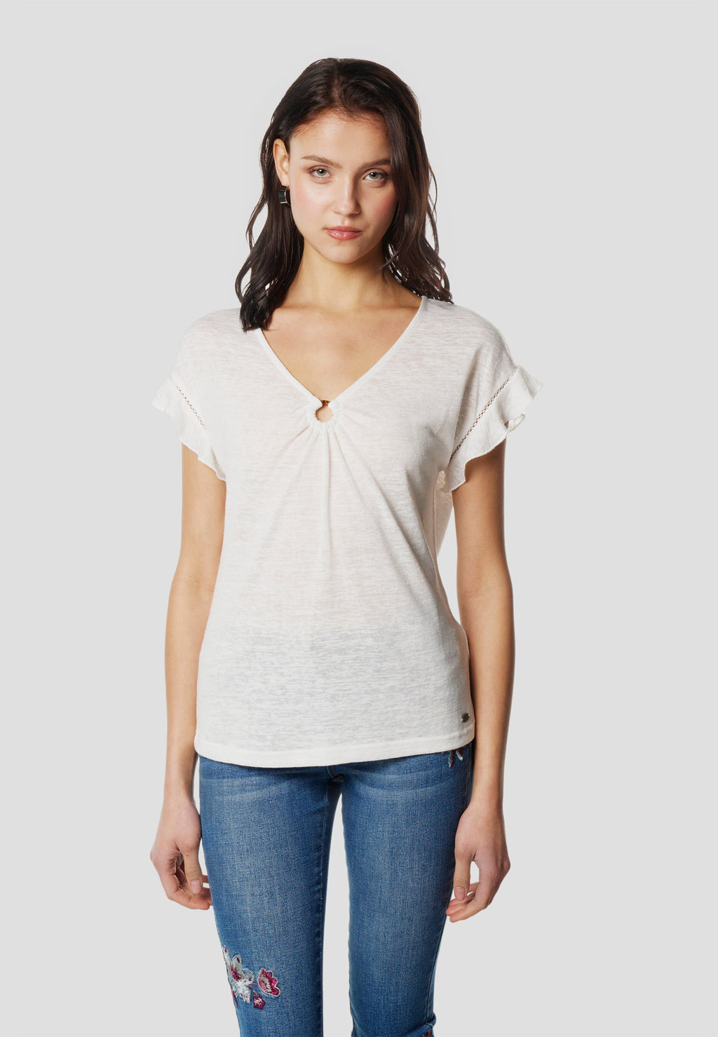 Camiseta Mujer Manga Corta Escote Pico con Aro – Koroshi 2612TP02