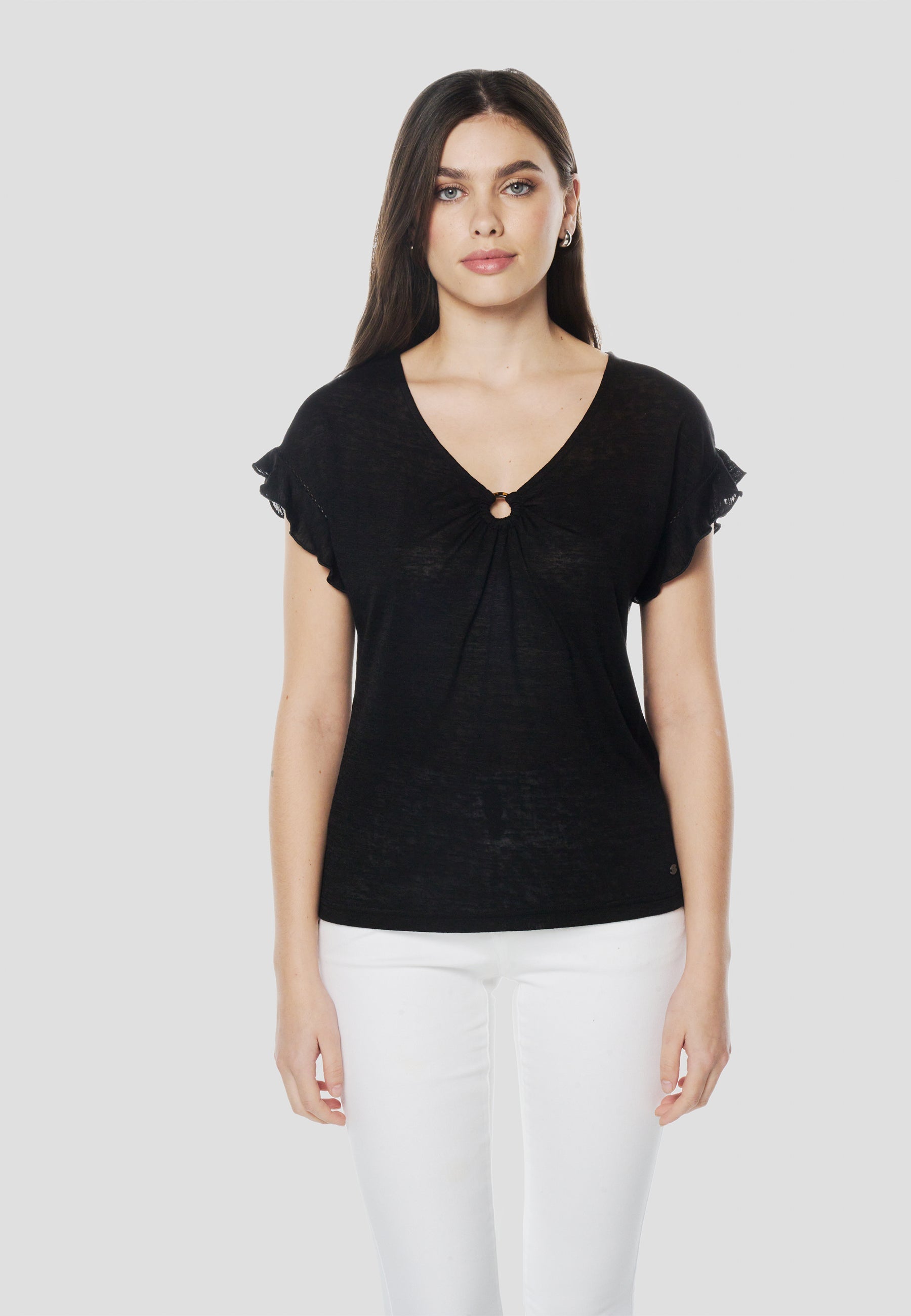 Camiseta Mujer Manga Corta Escote Pico con Aro – Koroshi 2612TP02
