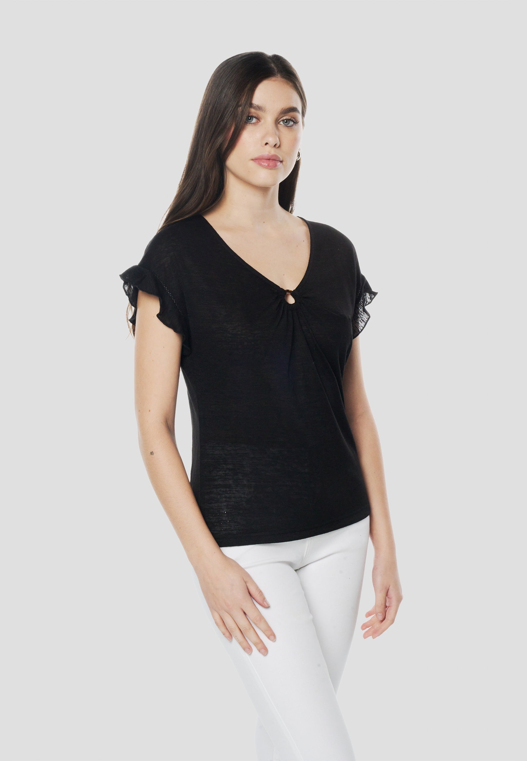 Camiseta Mujer Manga Corta Escote Pico con Aro – Koroshi 2612TP02