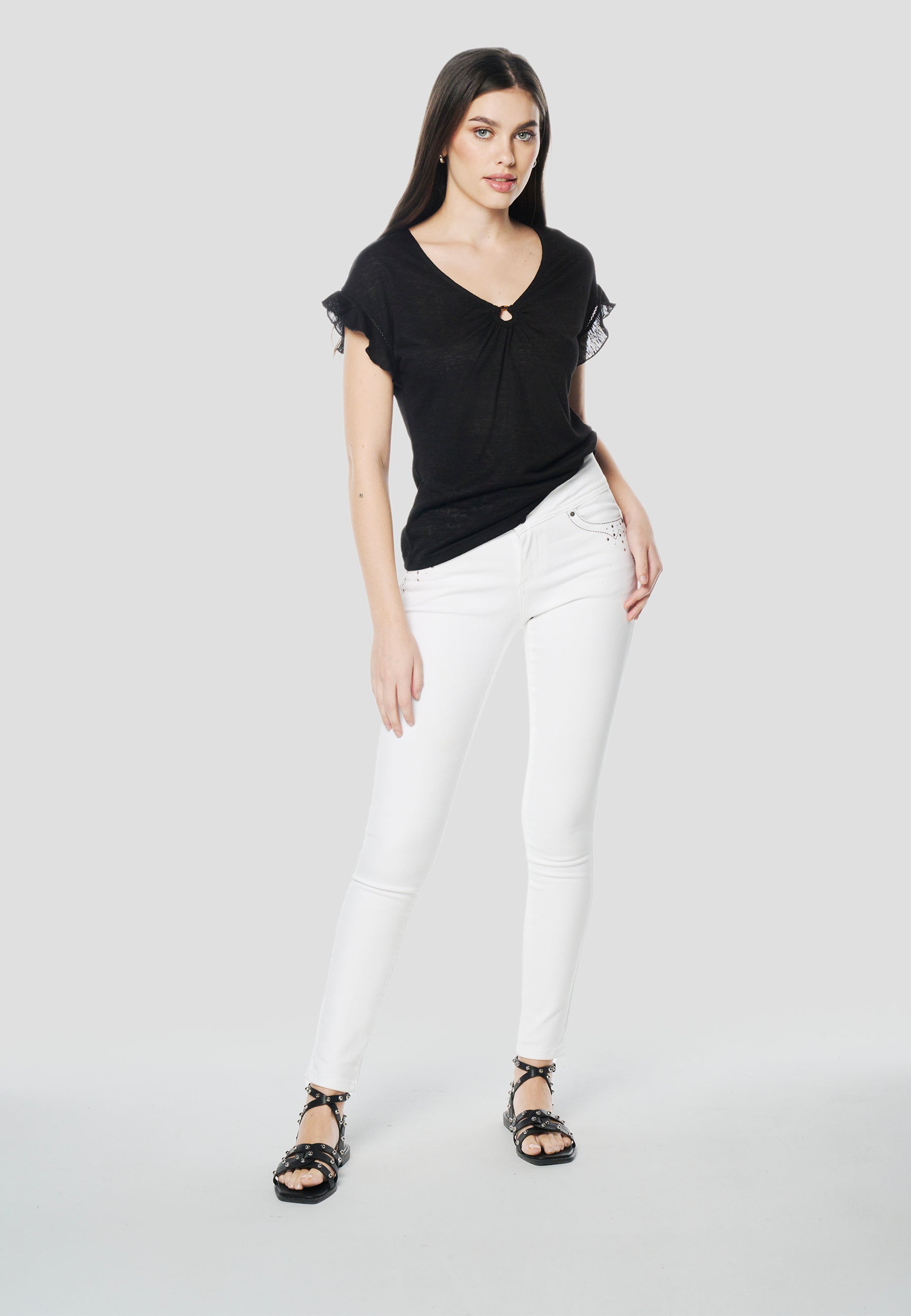 Camiseta Mujer Manga Corta Escote Pico con Aro – Koroshi 2612TP02