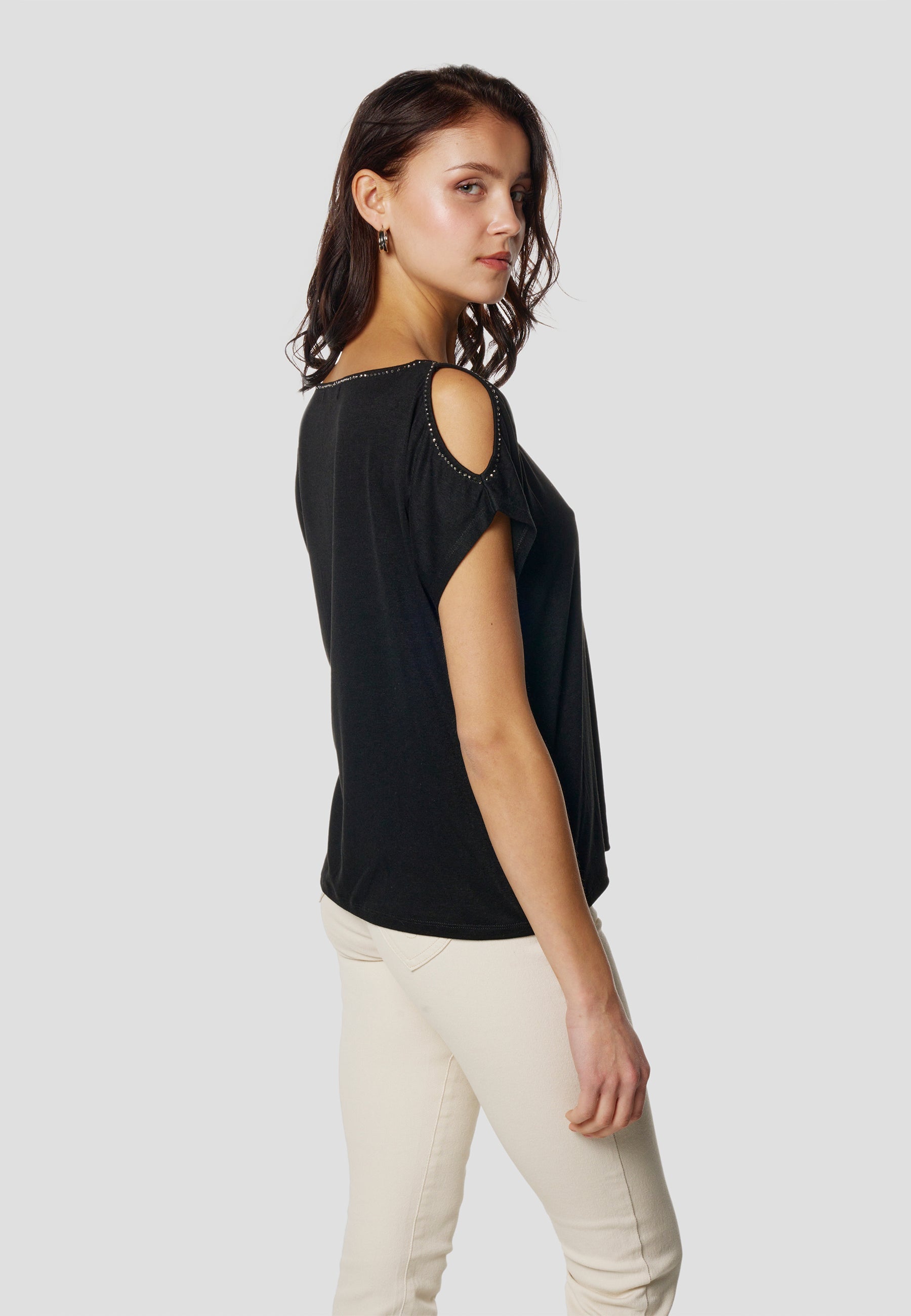 Camiseta Mujer Manga Corta Escote con Pedrería y Abertura – Koroshi 2612TP05