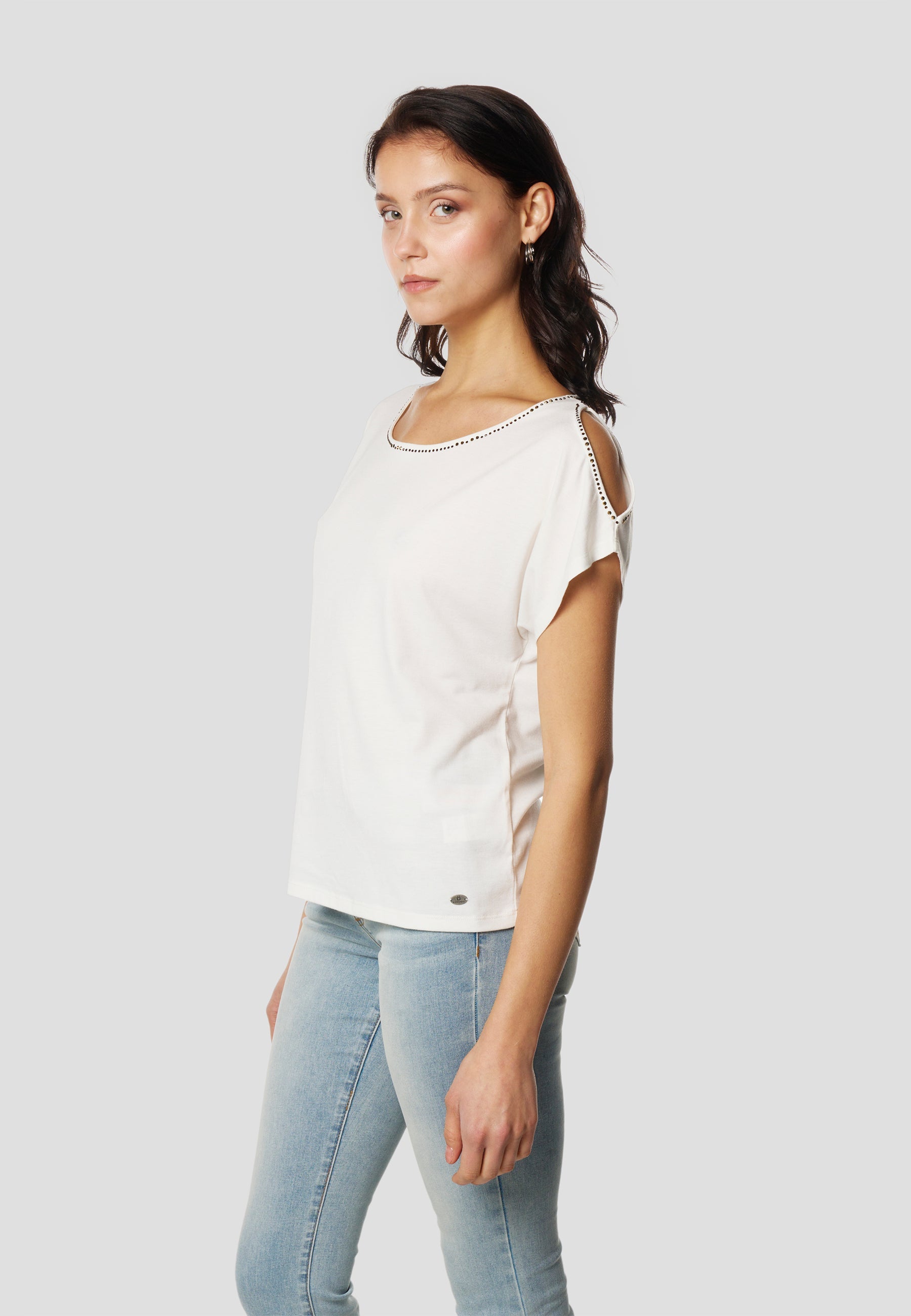Camiseta Mujer Manga Corta Escote con Pedrería y Abertura – Koroshi 2612TP05