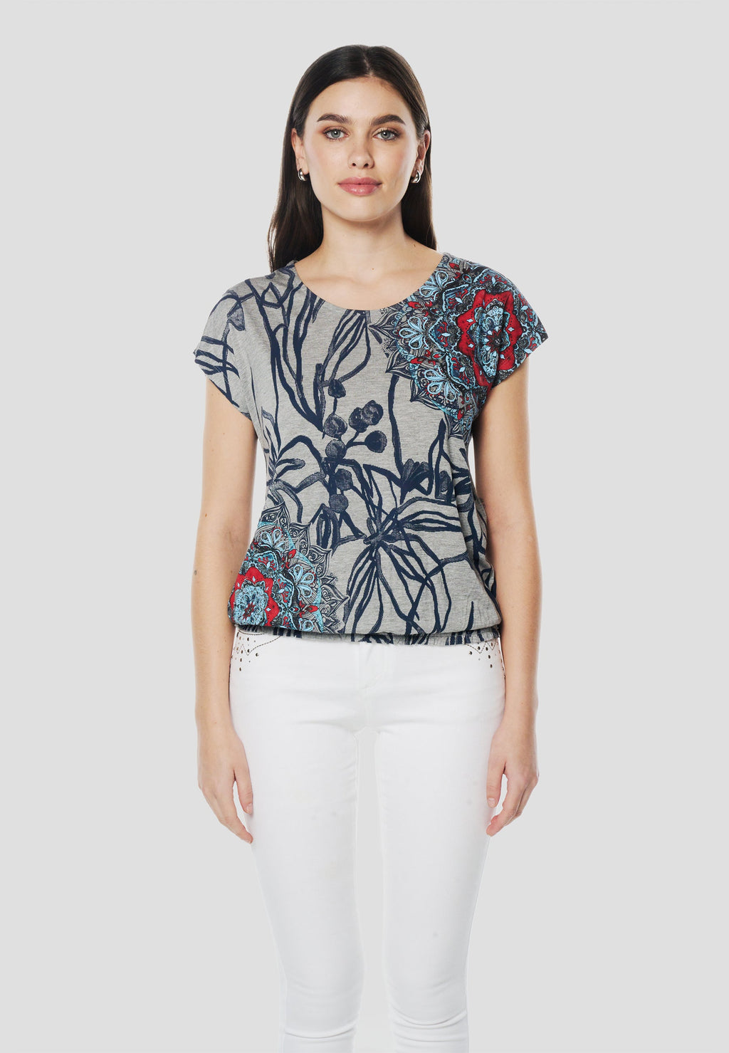 Camiseta Mujer Manga Corta Estampado Floral Mandala – Koroshi Gris