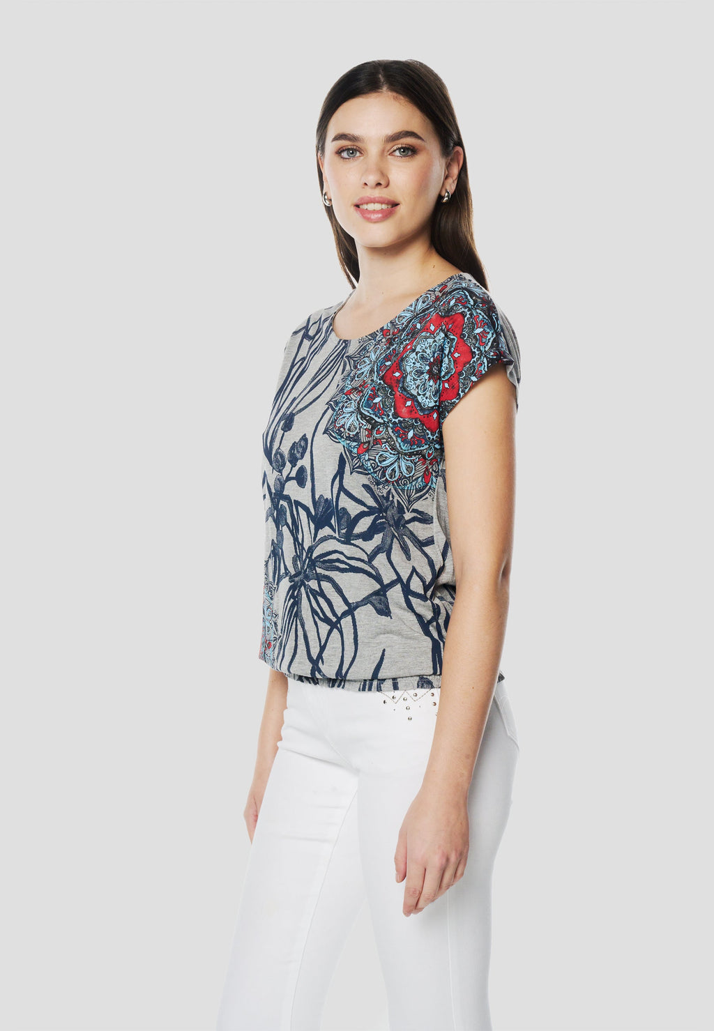 Camiseta Mujer Manga Corta Estampado Floral Mandala – Koroshi Gris