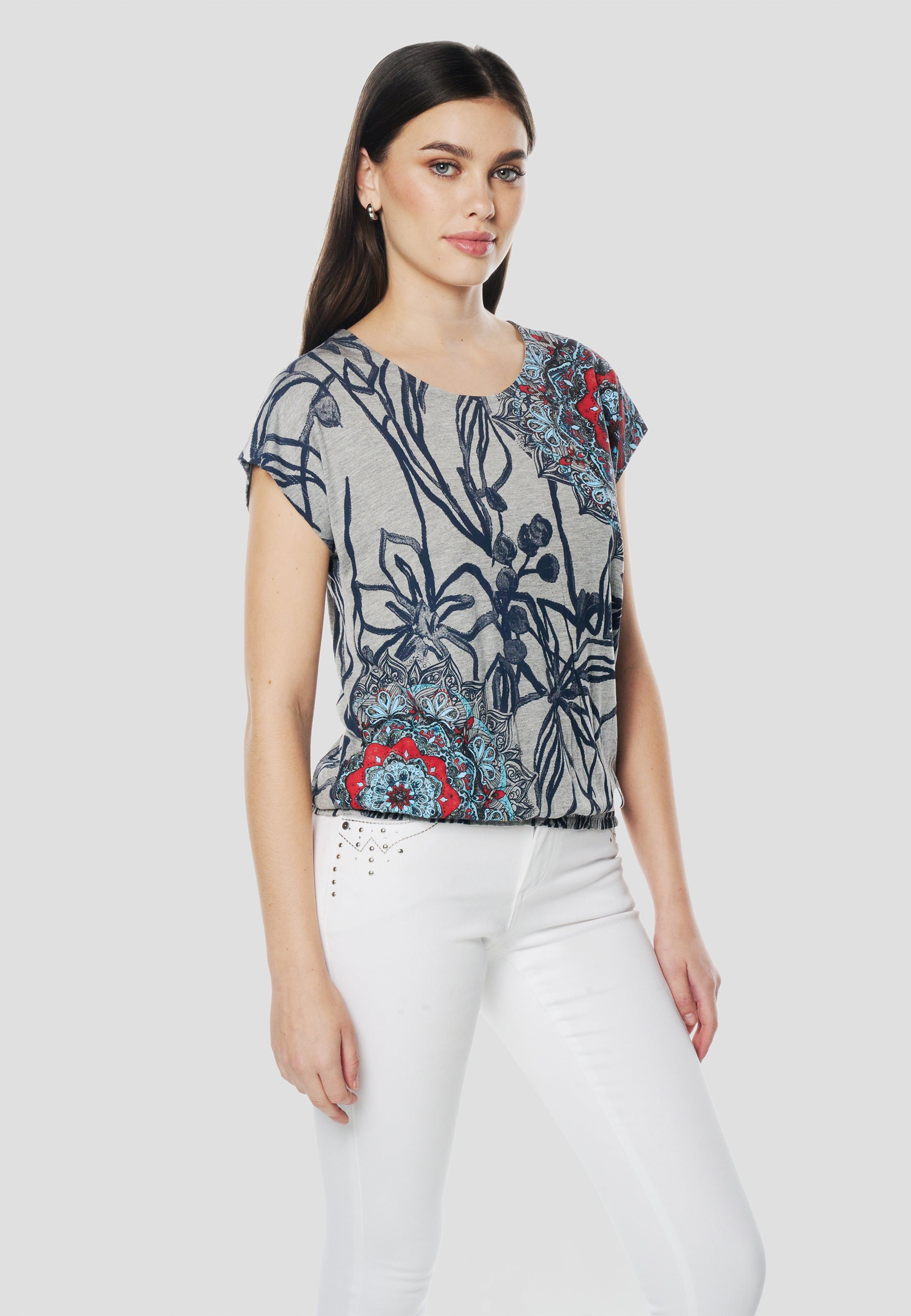 Camiseta Mujer Manga Corta Estampado Floral Mandala – Koroshi Gris