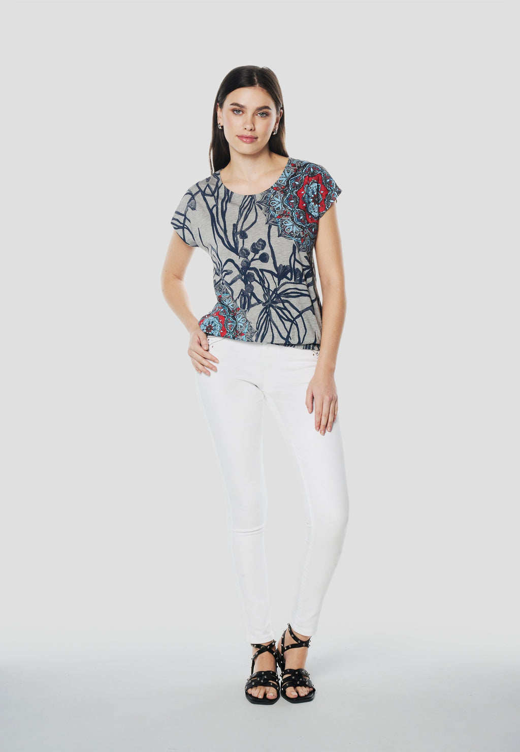Camiseta Mujer Manga Corta Estampado Floral Mandala – Koroshi Gris