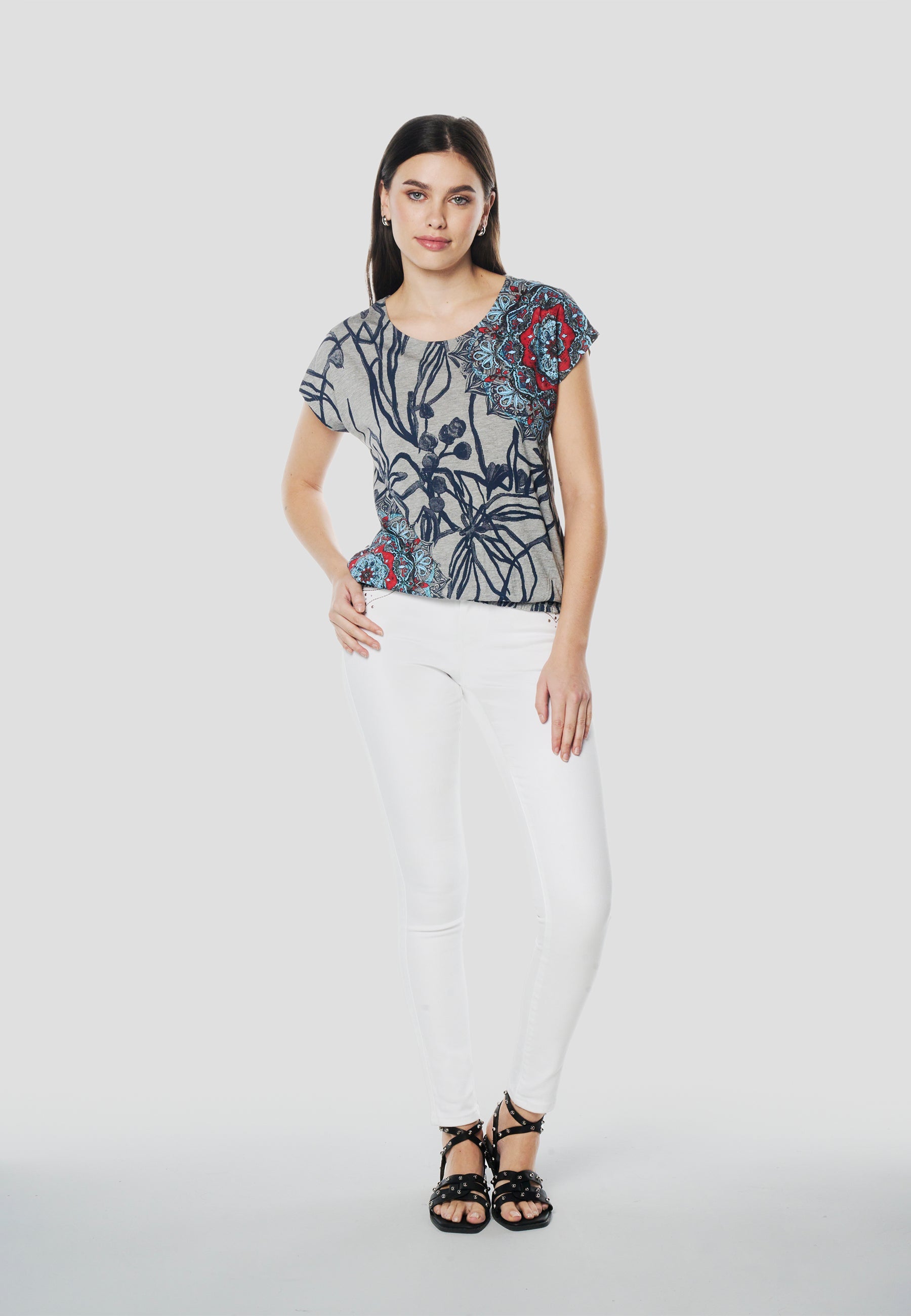 Camiseta Mujer Manga Corta Estampado Floral Mandala – Koroshi Gris
