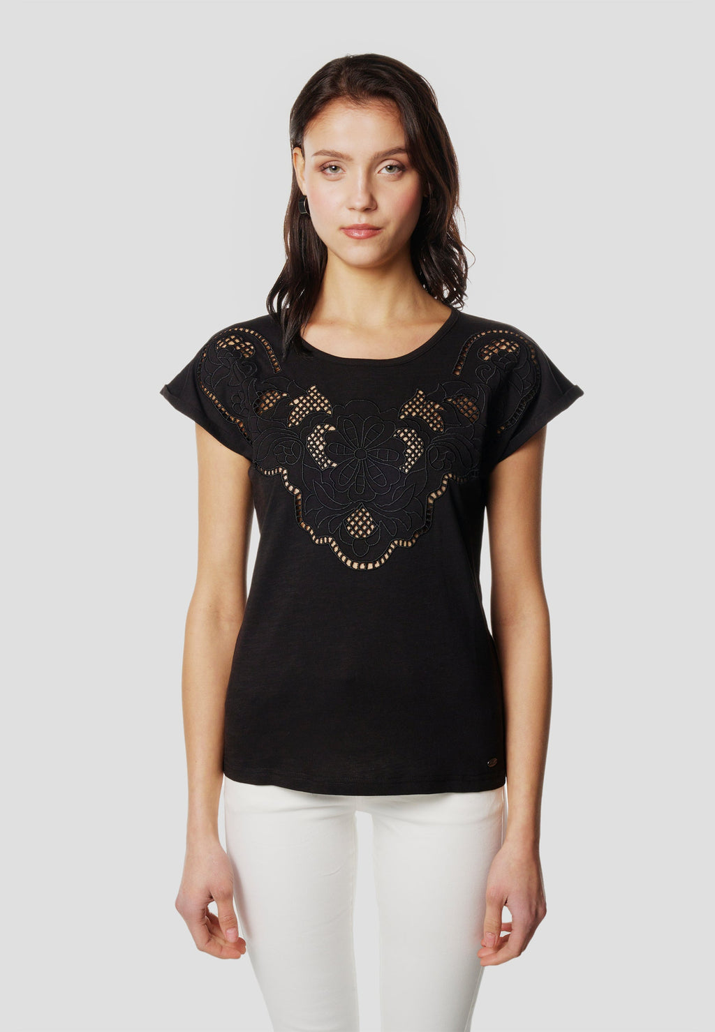Camiseta Mujer Manga Corta Bordado Calado – Koroshi Negra
