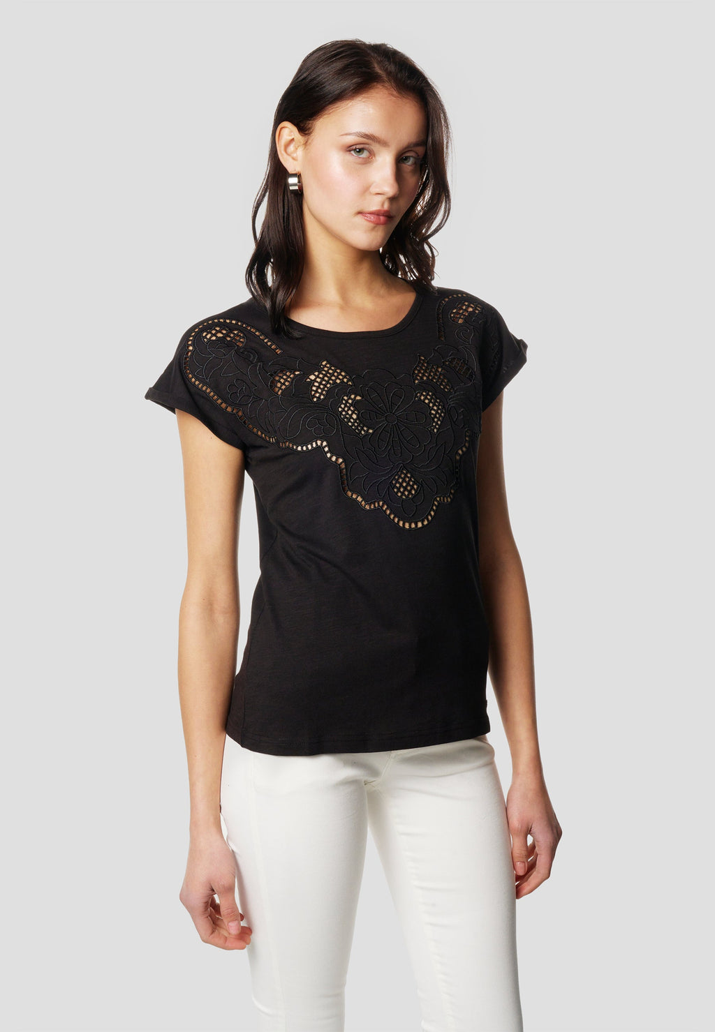 Camiseta Mujer Manga Corta Bordado Calado – Koroshi Negra