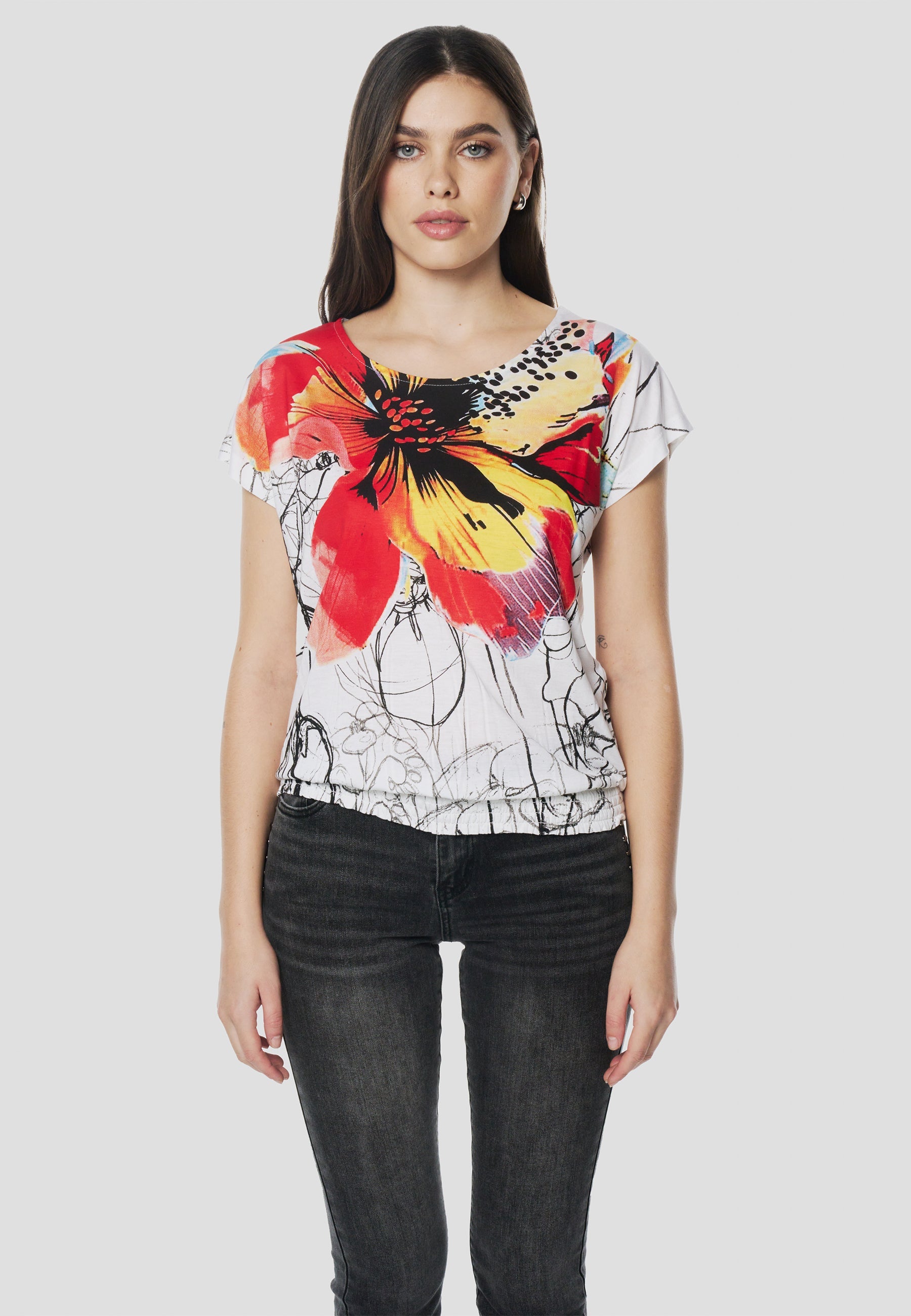 Camiseta Mujer Manga Corta Estampado Floral – Koroshi Blanca