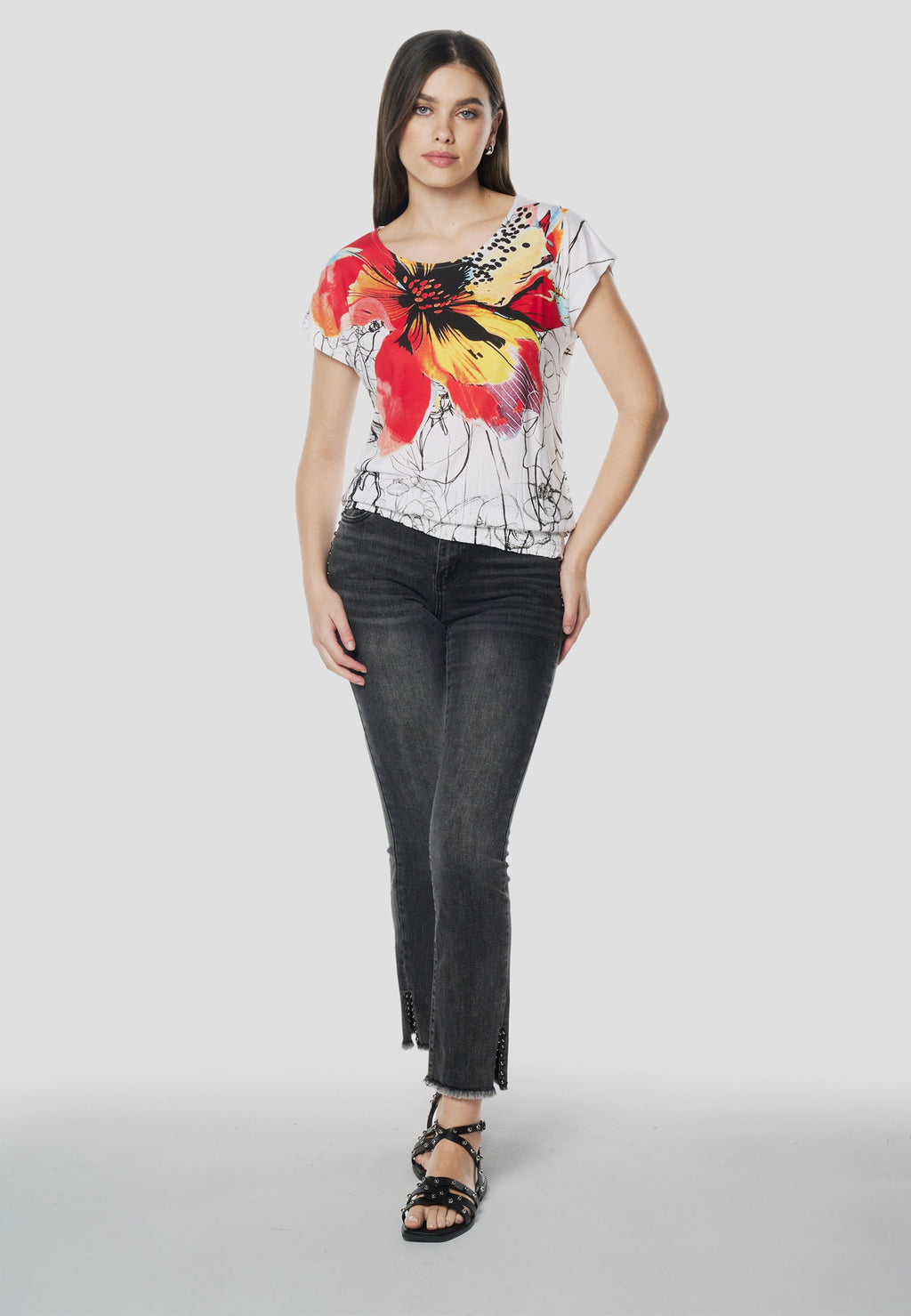 Camiseta Mujer Manga Corta Estampado Floral – Koroshi Blanca