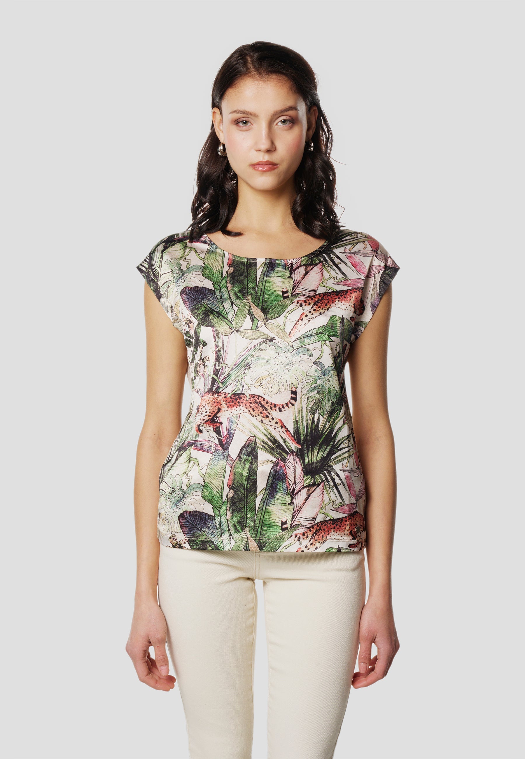 Camiseta Mujer Manga Corta Estampado Tropical – Koroshi Cruda