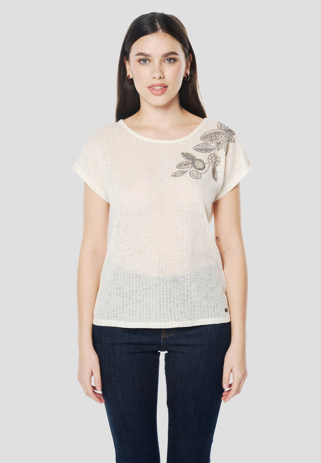 Camiseta Mujer Manga Corta Bordado Floral con Pedrería – Koroshi Cruda