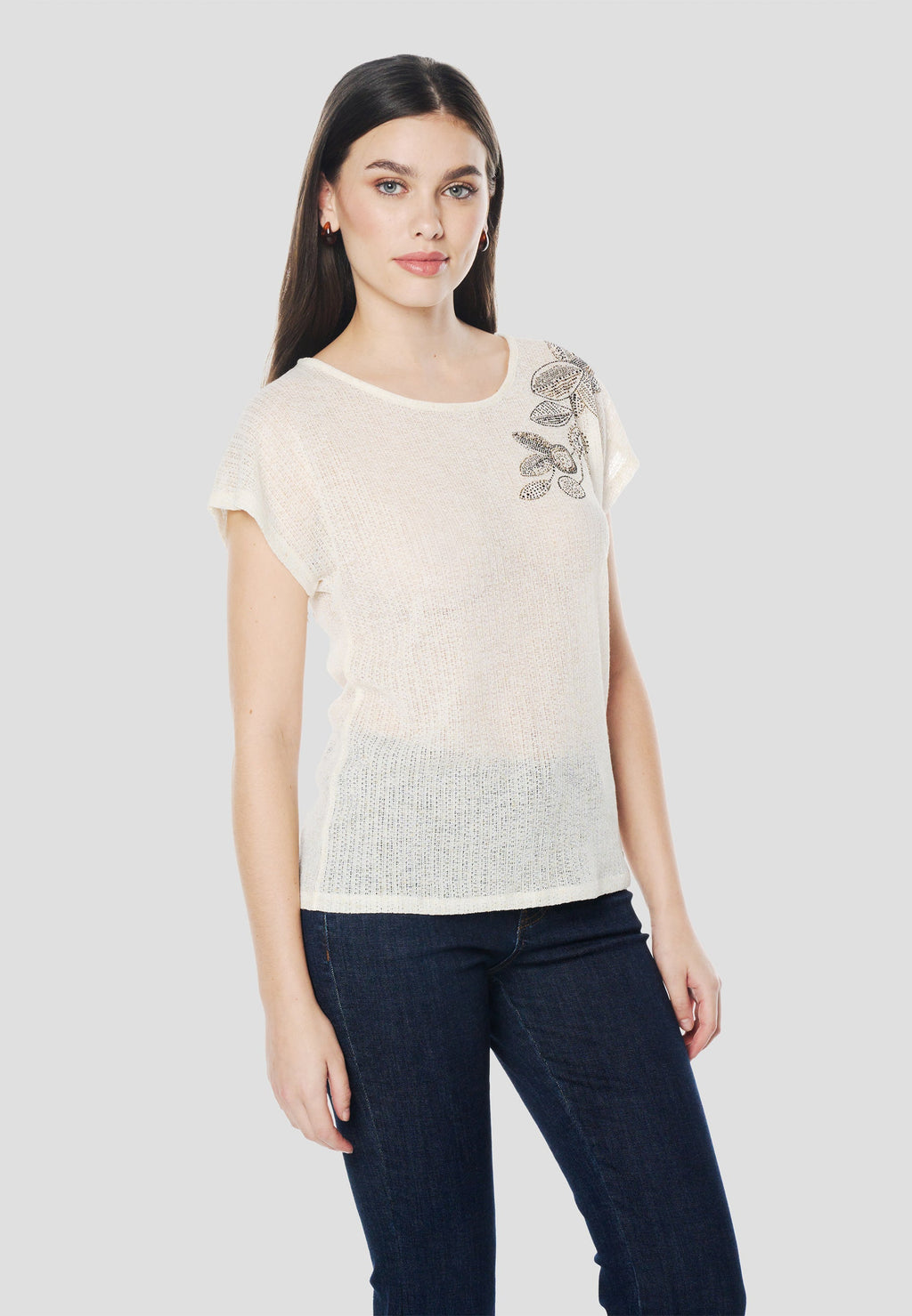 Camiseta Mujer Manga Corta Bordado Floral con Pedrería – Koroshi Cruda