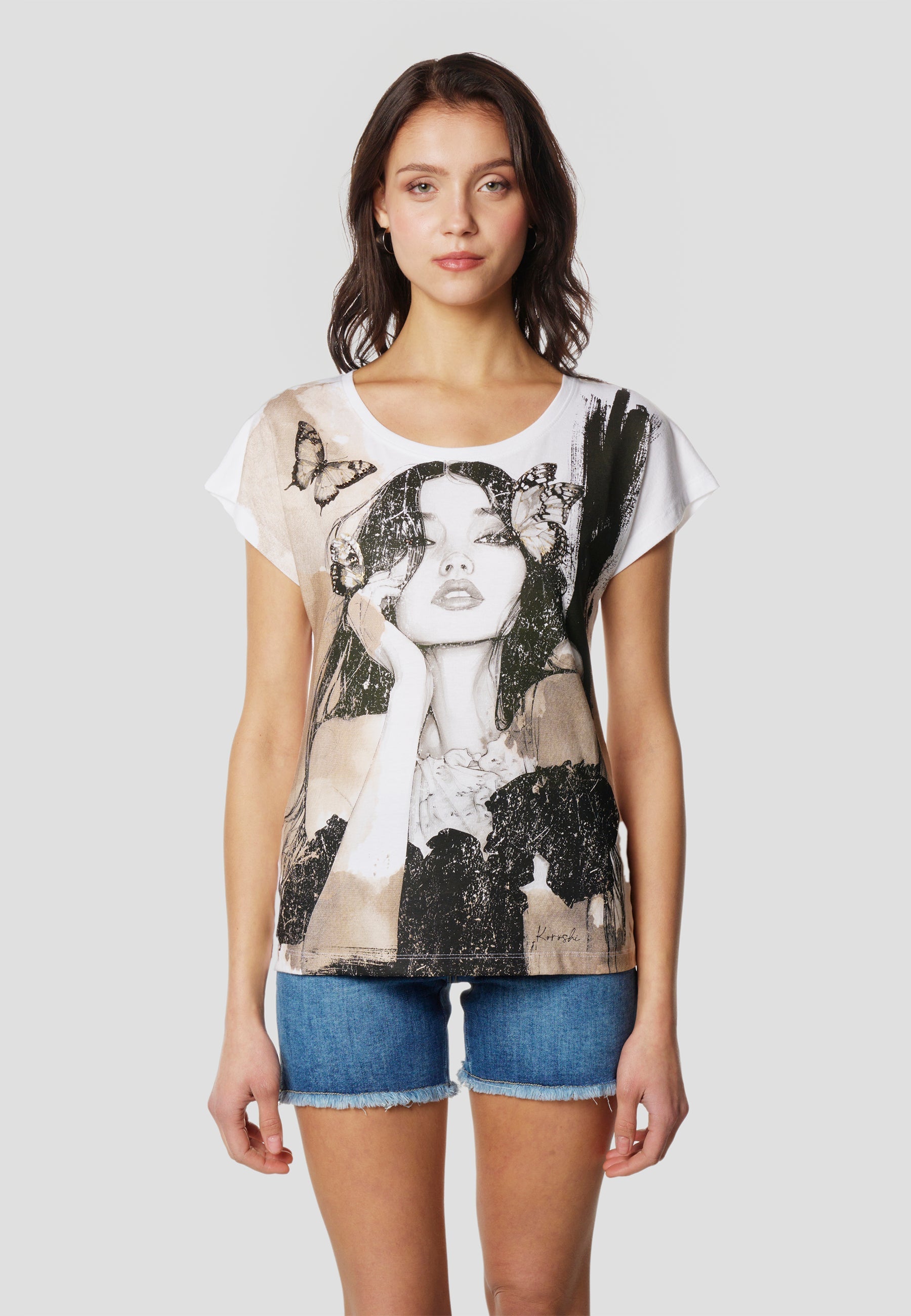 Camiseta Mujer Manga Corta Estampado Artístico – Koroshi Blanca