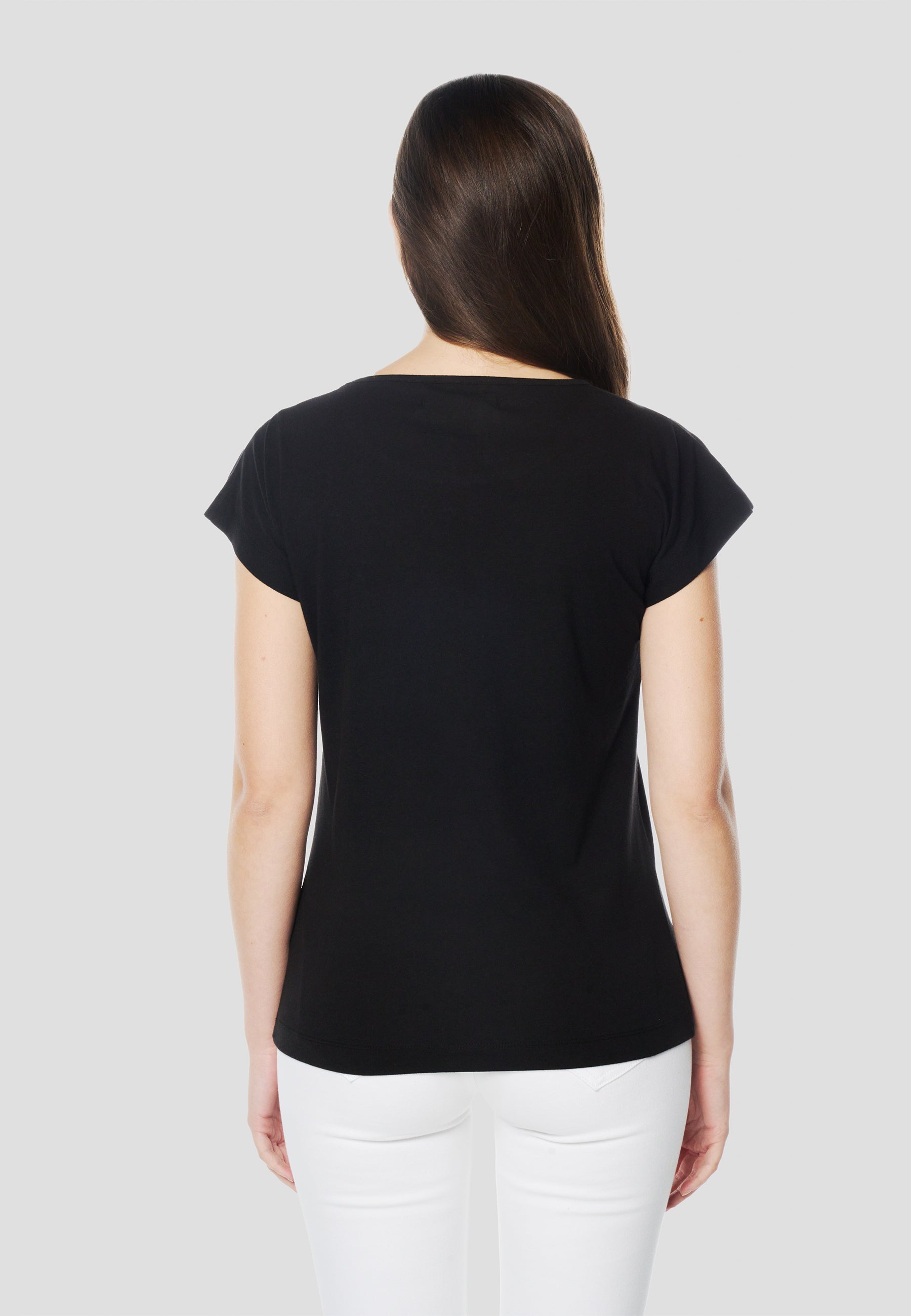 Camiseta Mujer Manga Corta Bordado Floral con Pedrería – Koroshi Negra