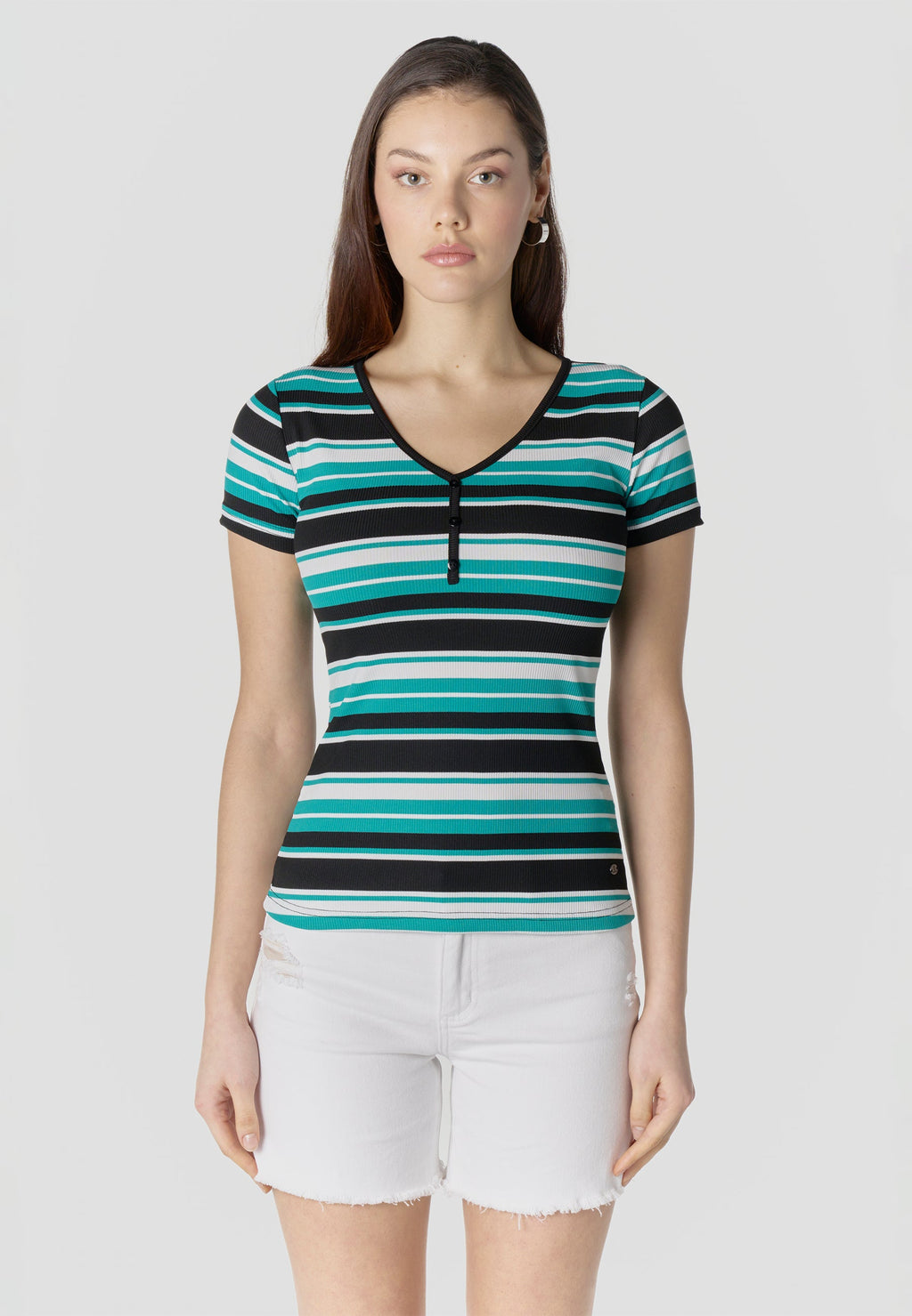 Camiseta Mujer Manga Corta Canalé a Rayas – Koroshi Multicolor