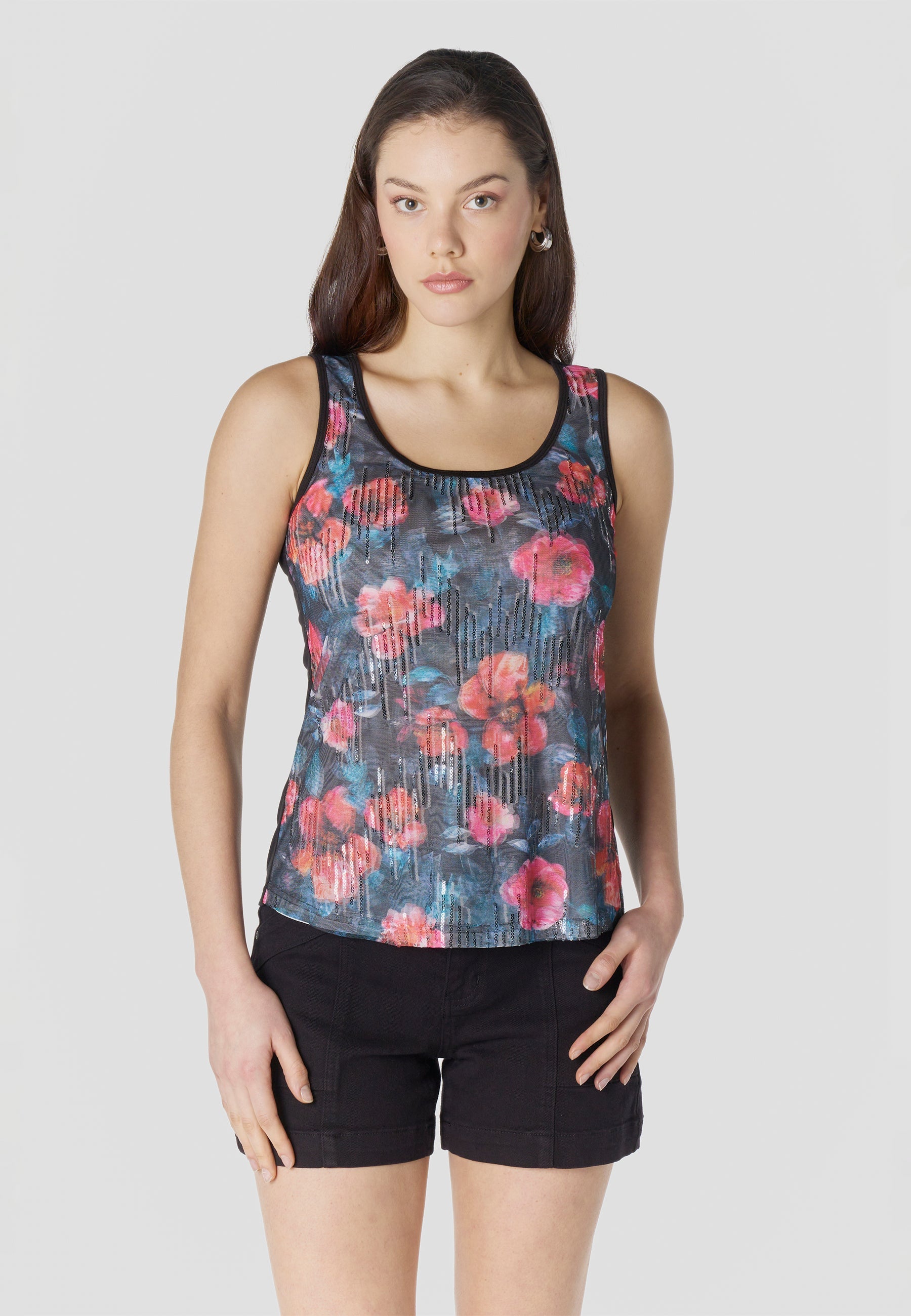Top Mujer Tirantes Tul Estampado con Lentejuelas – Koroshi Negro