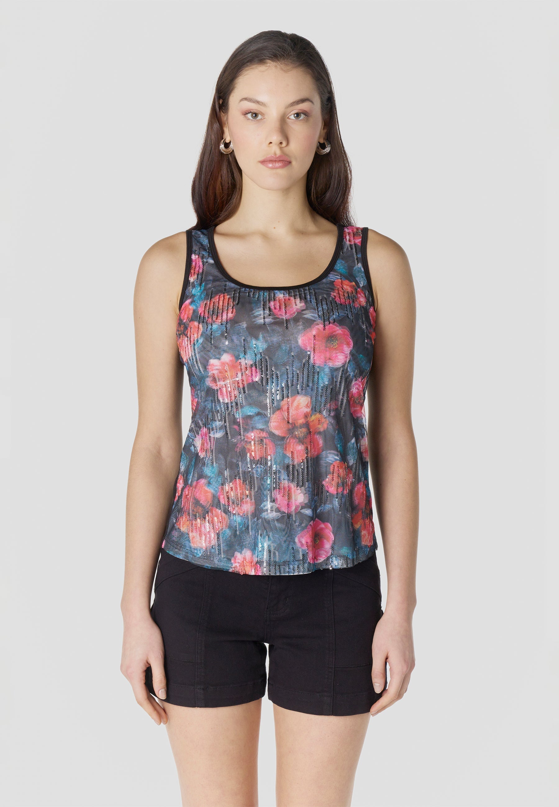 Top Mujer Tirantes Tul Estampado con Lentejuelas – Koroshi Negro