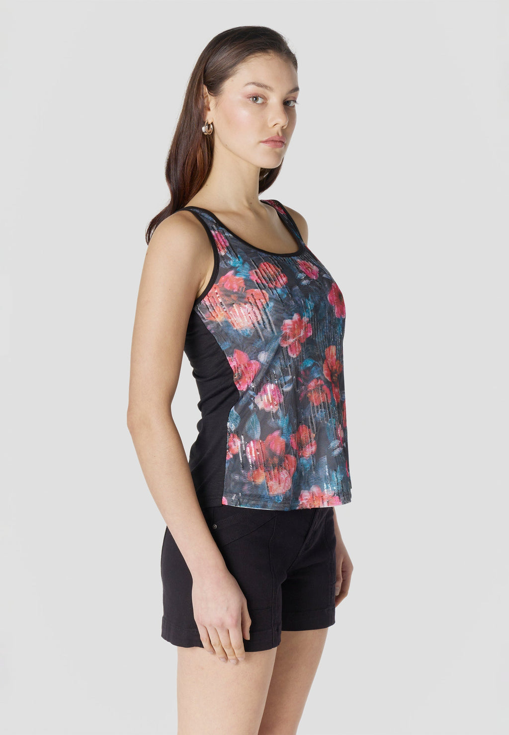 Top Mujer Tirantes Tul Estampado con Lentejuelas – Koroshi Negro
