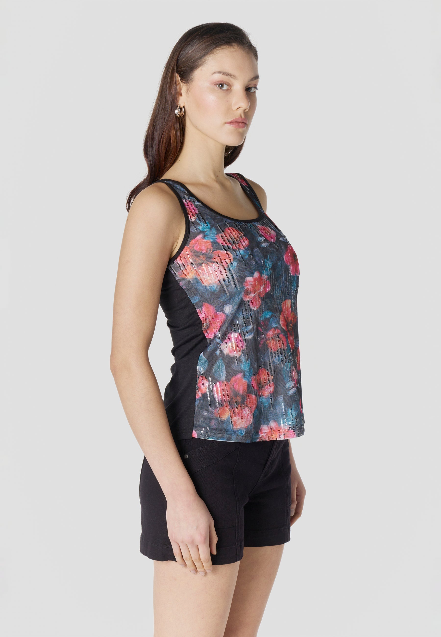 Top Mujer Tirantes Tul Estampado con Lentejuelas – Koroshi Negro