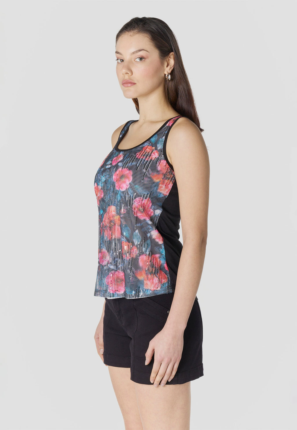 Top Mujer Tirantes Tul Estampado con Lentejuelas – Koroshi Negro