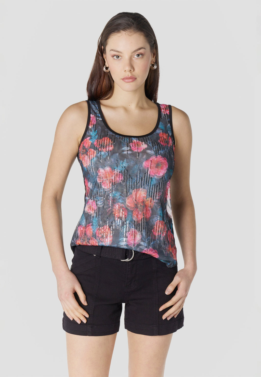 Top Mujer Tirantes Tul Estampado con Lentejuelas – Koroshi Negro