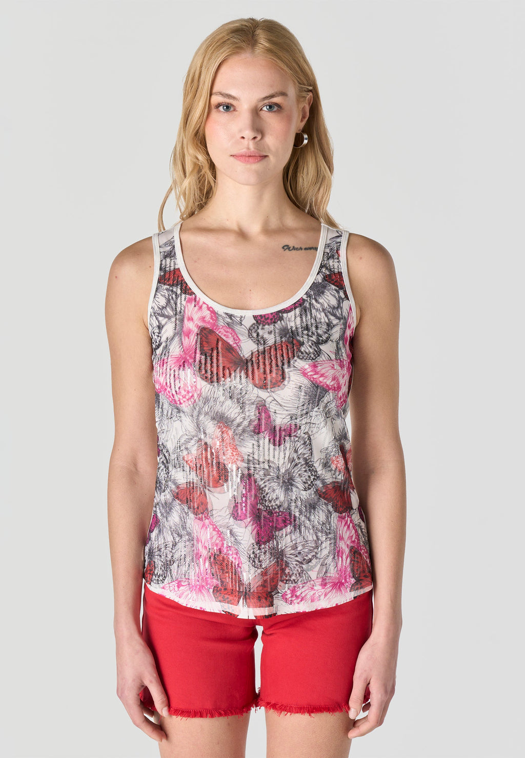 Camiseta Mujer Tirantes Estampada con Lentejuelas – Koroshi Fucsia