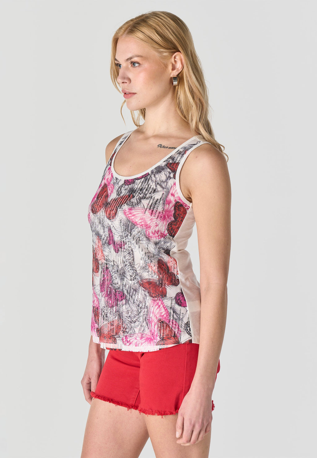 Camiseta Mujer Tirantes Estampada con Lentejuelas – Koroshi Fucsia