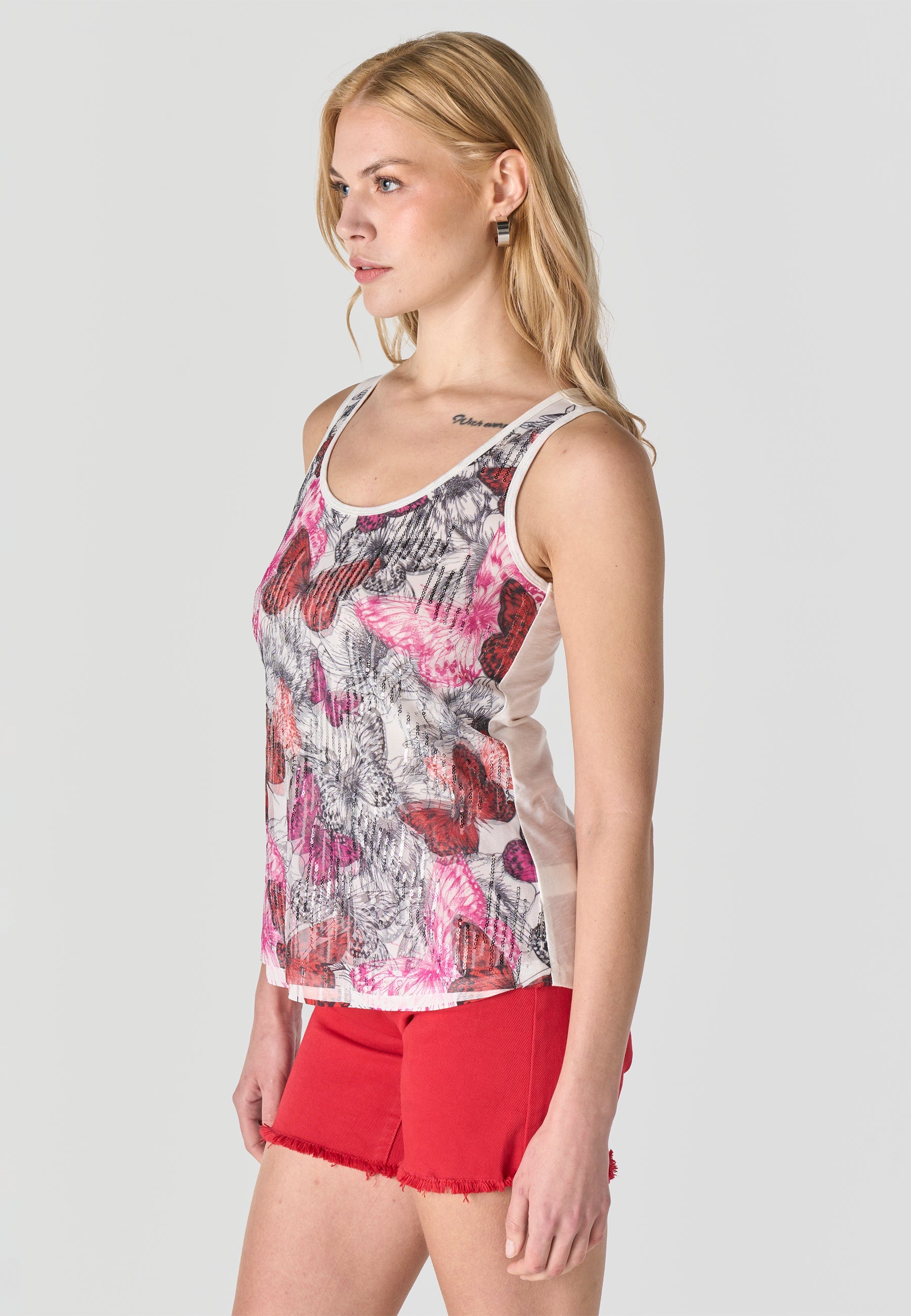 Camiseta Mujer Tirantes Estampada con Lentejuelas – Koroshi Fucsia