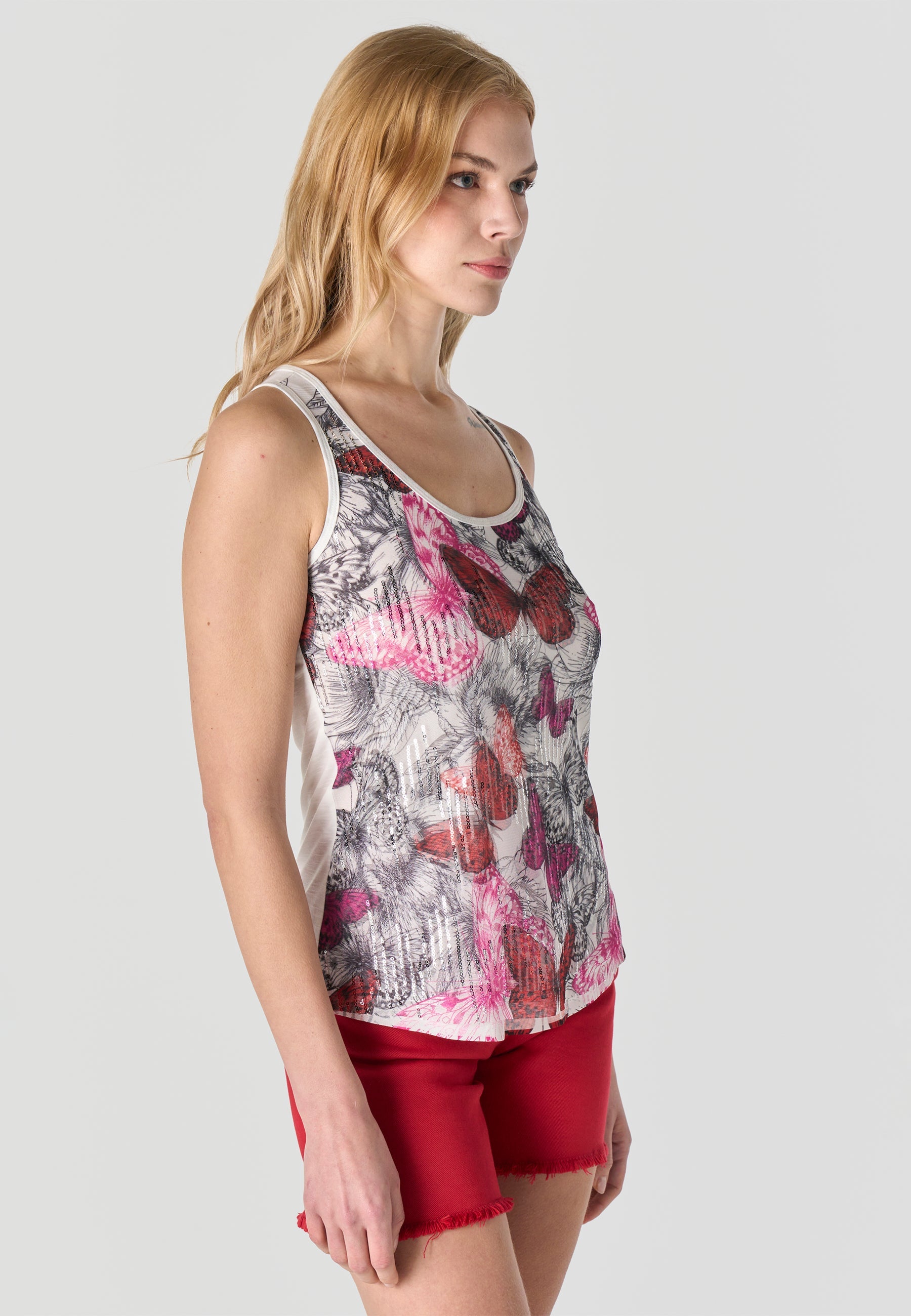 Camiseta Mujer Tirantes Estampada con Lentejuelas – Koroshi Fucsia