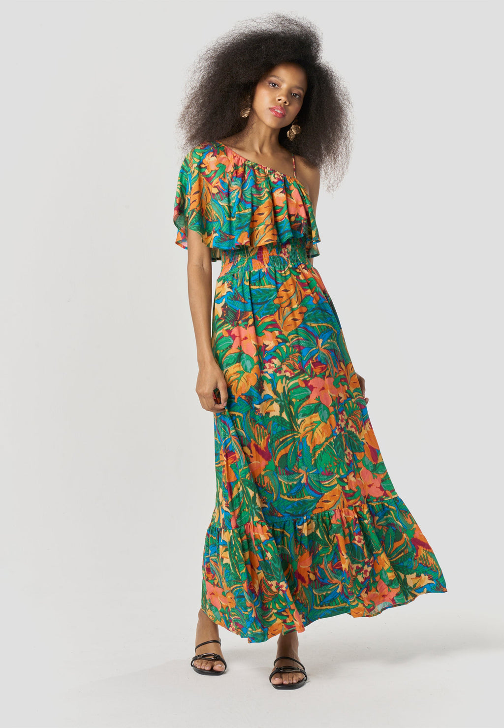 Vestido Largo Mujer Escote Asimétrico Estampado Floral – Koroshi Multicolor